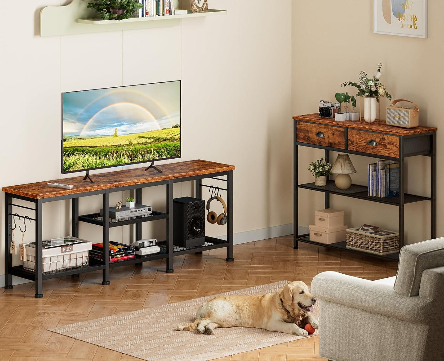TV Stand for TVs up to 55 Inch, Entertainment Center with Open Storage Shelves, TV Media Console Table with Soundbar Shelf for Living Room, Bedroom, Rustic Brown