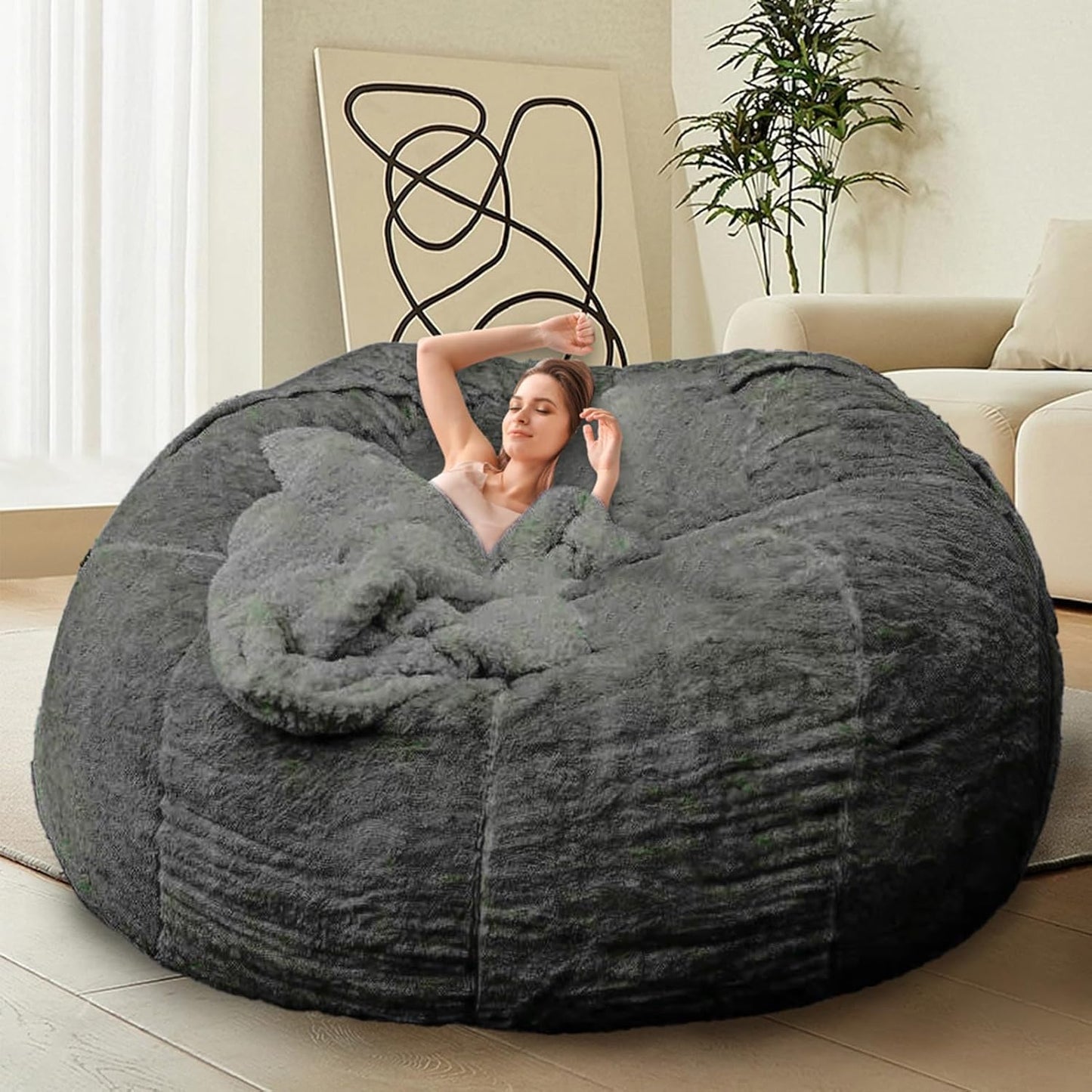 Bean Bag Chair for Adults Kids Without Filling Comfy Fluffy Giant Round Beanbag Lazy Sofa Cover for Reading Chair Floor Chair, 6FT, Grey