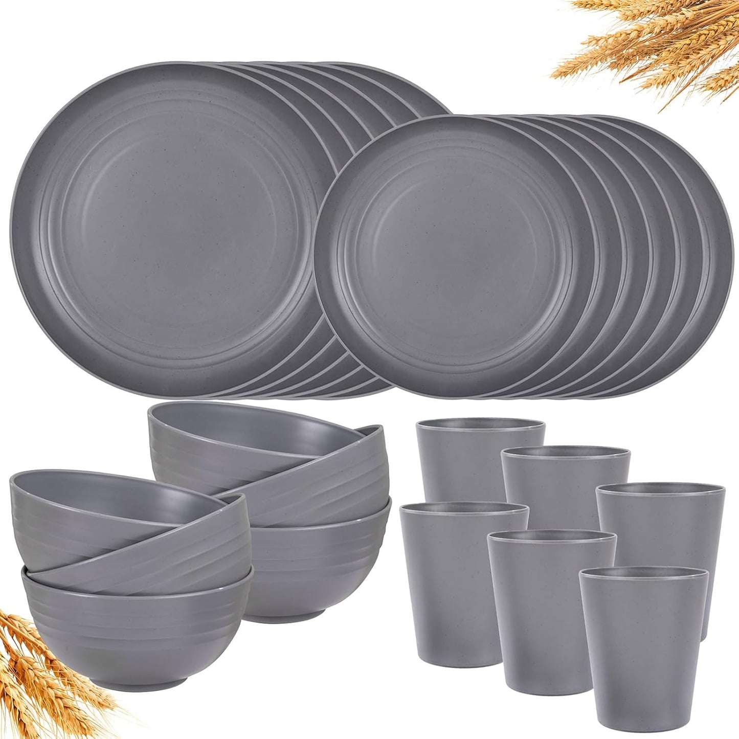 48pcs Grey Straw Dinnerware Set, Plates and Bowls Set, Camping Dish Set for 12, Plastic Dinnerware Set, Dishwasher Safe Dinnerware Set, Unbreakable Plates, Camper Dish Sets, Reusable Tableware