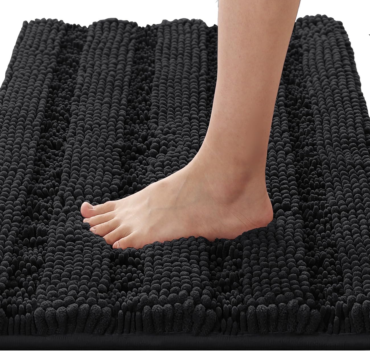 Black Bathroom Rug Set Extra Thick Striped Bath Mats for Bathroom Floor 2 Piece, Anti-Slip Bath Mat Set Soft Plush Chenille Shower Rugs for Bathroom Waterproof (20" x 32"/17" x 24")