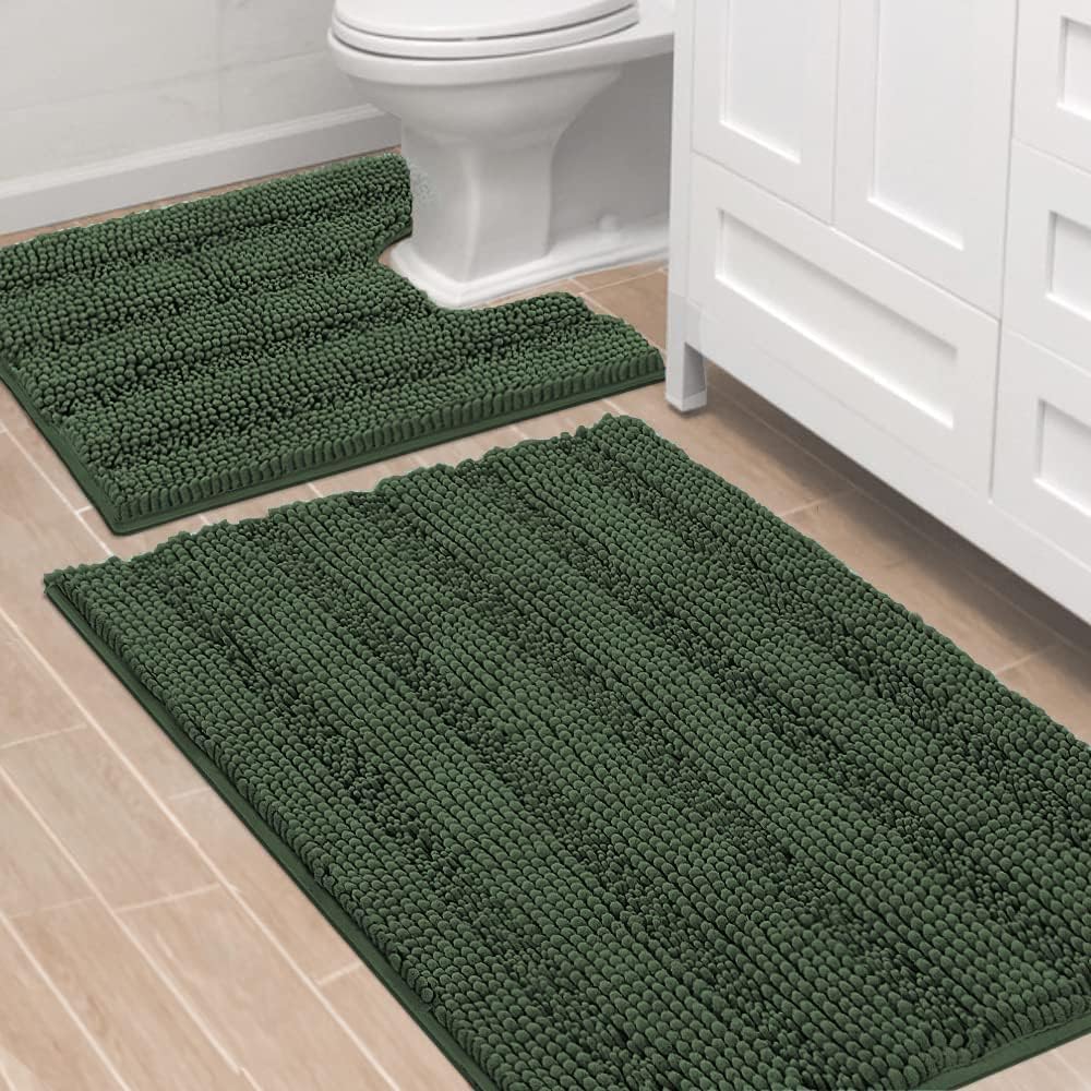 Black Bathroom Rug Set Extra Thick Striped Bath Mats for Bathroom Floor 2 Piece, Anti-Slip Bath Mat Set Soft Plush Chenille Shower Rugs for Bathroom Waterproof (20" x 32"/17" x 24")