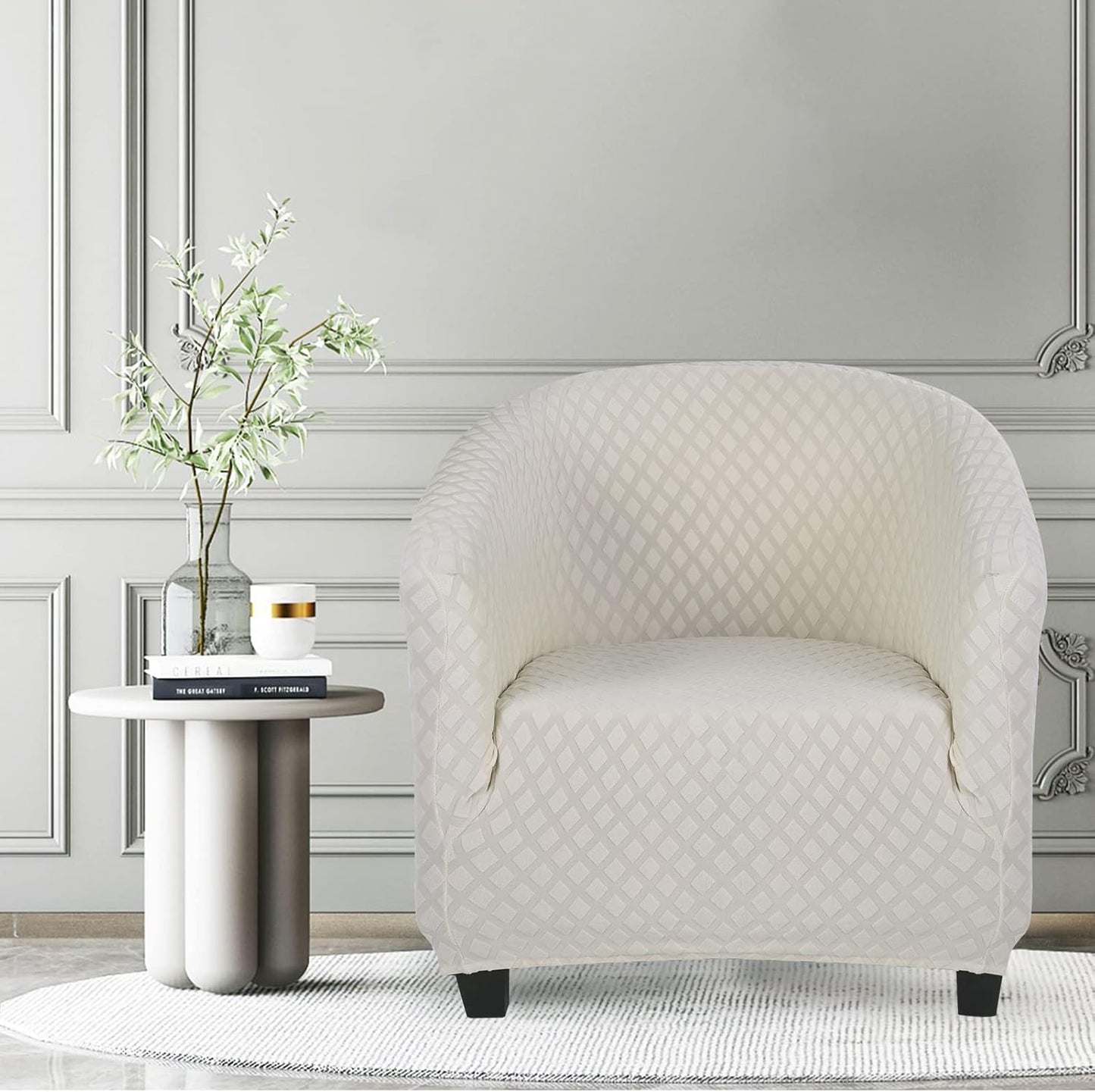 Club Chair Slipcover Stretch Barrel Chair Covers Jacquard Tub Chair Slipcover Spandex Armchair Sofa Cover Removable Couch Furniture Protector Arm Chair Cover for Living Room(Creamy-White)