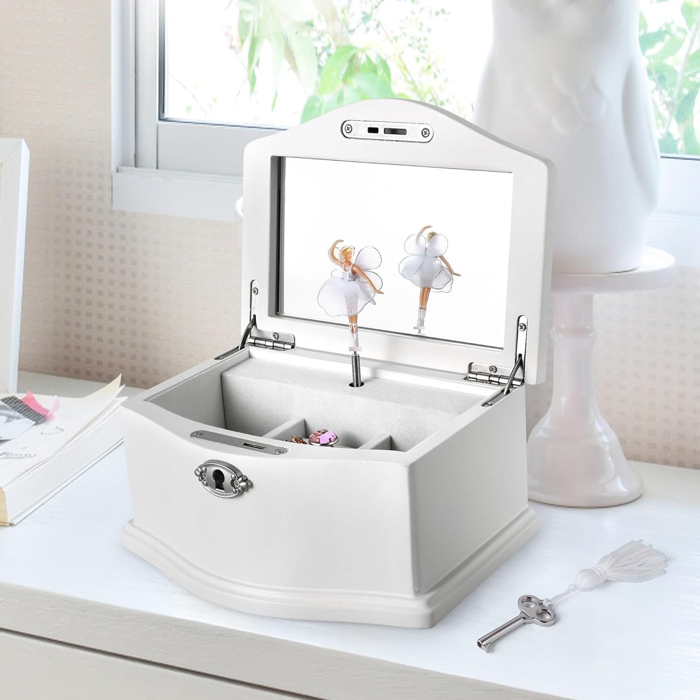 Wooden Ballerina Medium White Musical Jewelry Box with Mirror and Lock for girls,Kid's Jewelry Storage Music Box,Gift for Holidays