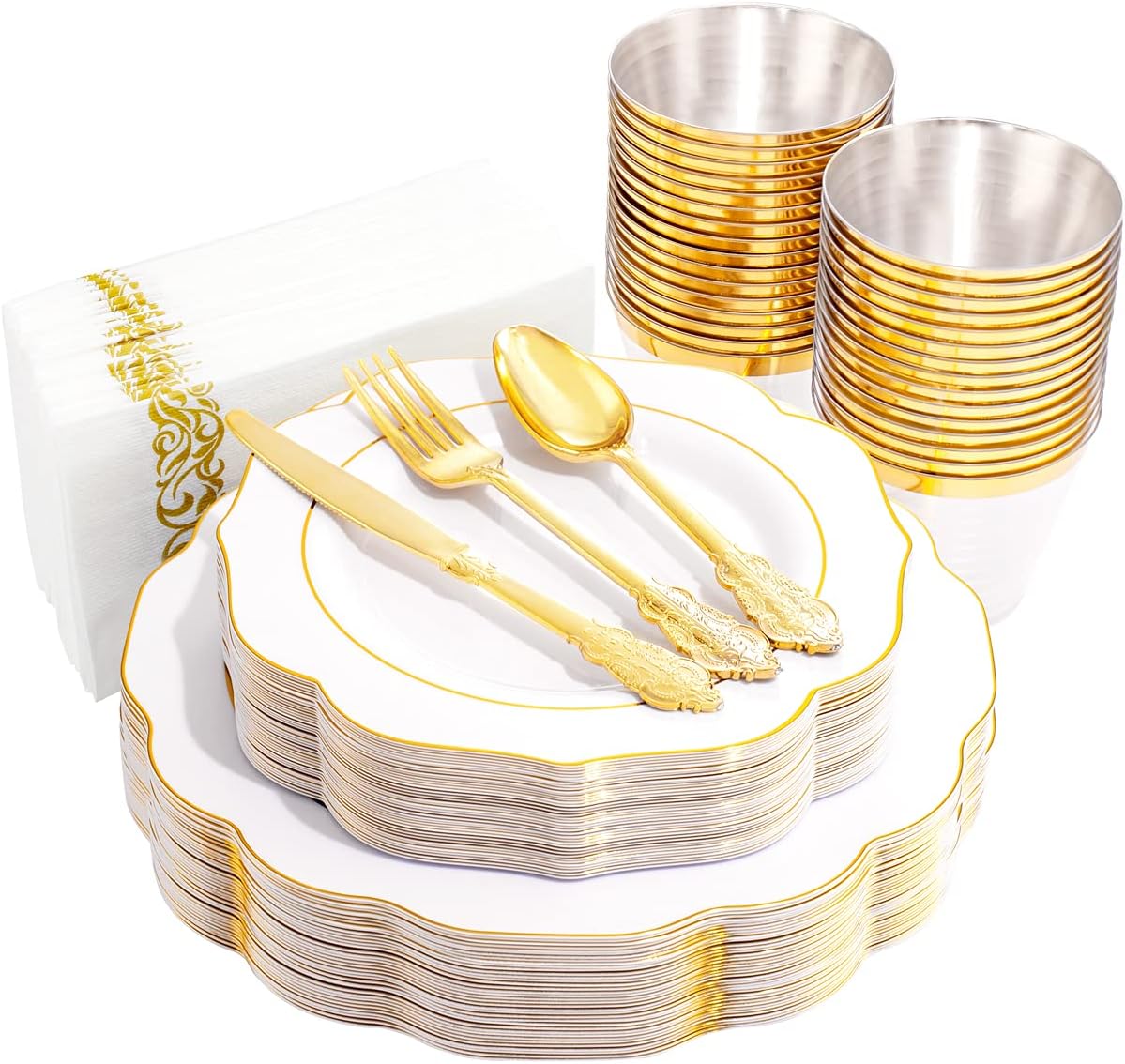 175PCS Pink Plastic Plates - Pink Plates with Gold Disposable Silverware - Include 50 Plates,25 Knives,25 Forks,25 Spoons,25 Cups and 25 Napkins - Ideal for Wedding & Party