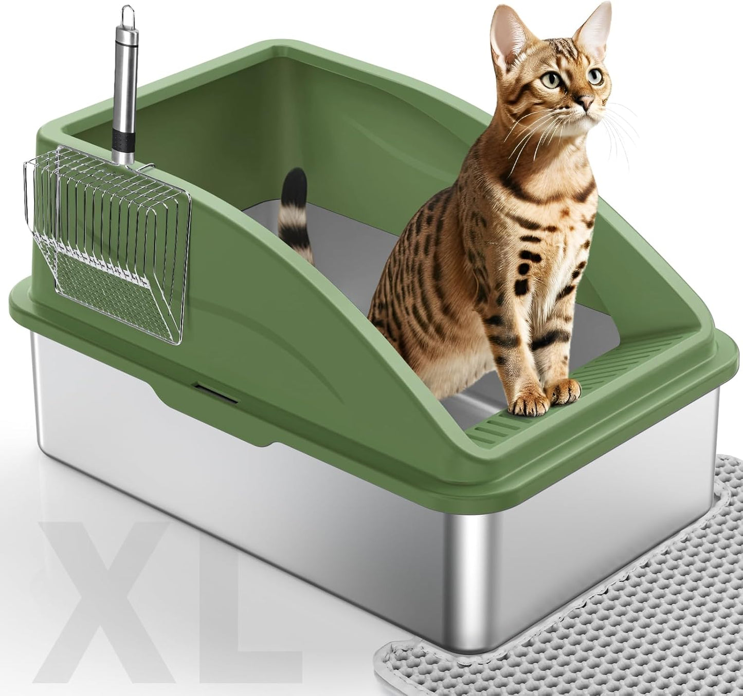 Stainless Steel Cat Litter Box, Extra Large Litter Boxes for Big Cats, Anti-Urine Leakage XL Litter Box with High Sides, Xlarge Metal Litter Box with Lid, Easy Clean, Non-Sticky, Cat Mat & Metal Scoop