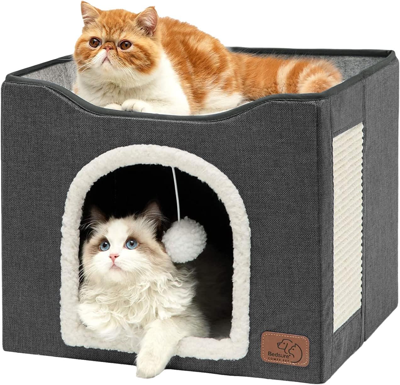2-Level Cat House for Indoor Cats - Small Cat Towers with Scratch Pad and Hideaway Condo, Cat Cave Bed Furniture for Multi Pets and Large Cats, 18x14x23 inches, Grey