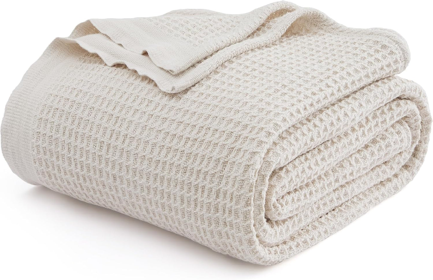 100% Cotton Blanket Queen Size for Bed - Breathable and Soft, Waffle Weave Blanket for Summer Spring, White, 90x90 Inches
