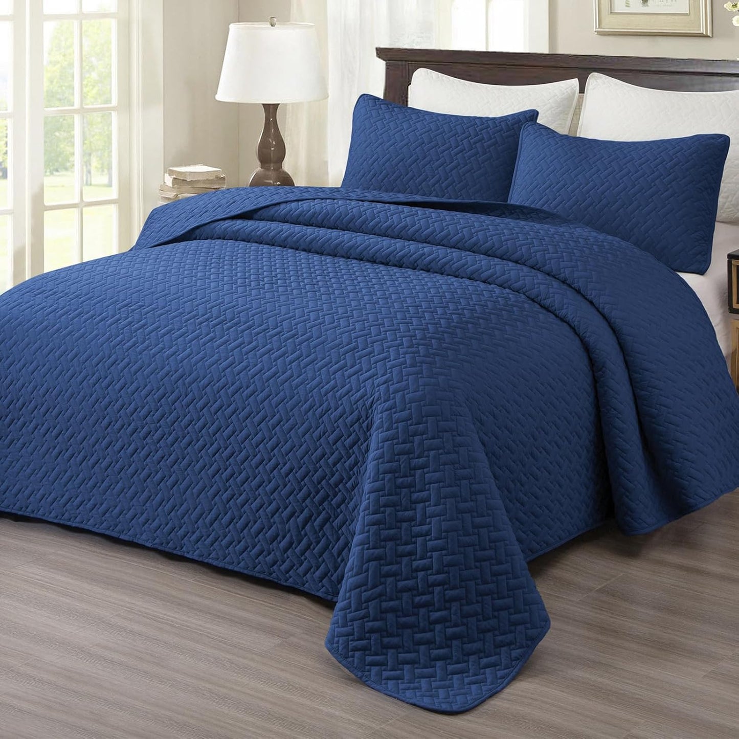 Twin Size Bedding Sets Navy Blue Bedspread Soft Pre-Washed Quilt Winter Bed Sets, 2 Piece, Cozy Reversible Microfiber Bed Coverlet with Pillow Sham (Square Pattern,66"x90")