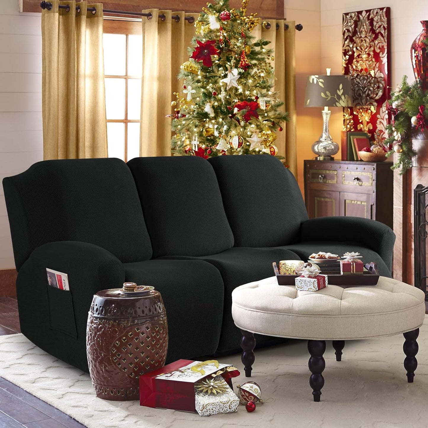 Recliner Sofa Covers 8-Pieces Stretch Large Couch Covers for 3 Seats Reclining Slipcovers Soft Jacquard Pattern Furniture Protector Black