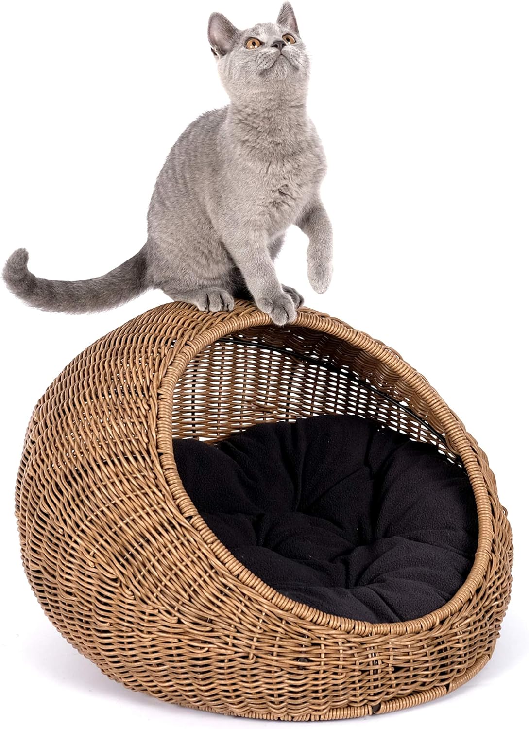 Wicker Cat Bed Dome for Medium Indoor Cats - a Covered Cat Hideaway Hut of Faux Rattan Houses Pets in Dome Basket, Washable