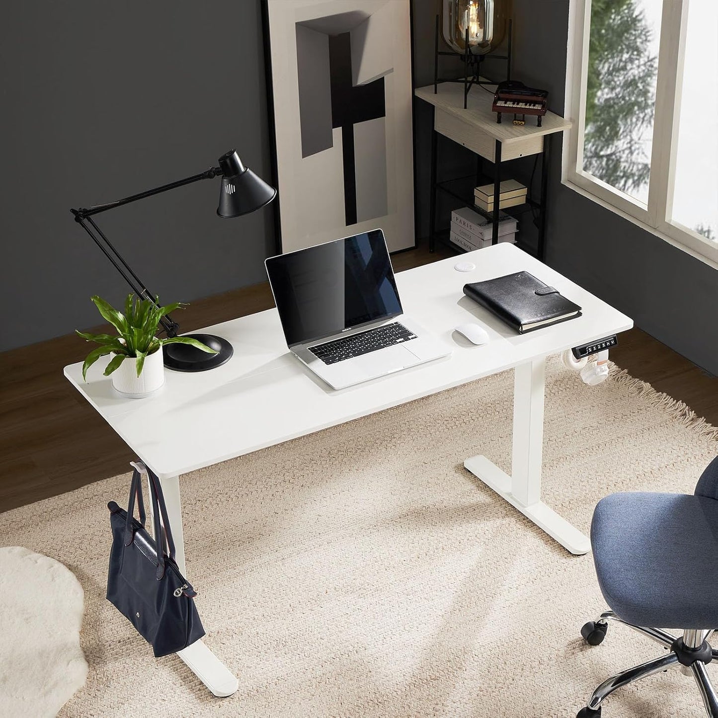 Electric Adjustable Height Standing Desk - 40 x 24 inch Sit to Stand Up Desk with Splice Board, Rising Home Office Computer Table with 2 Hook and Wire Hole for Work