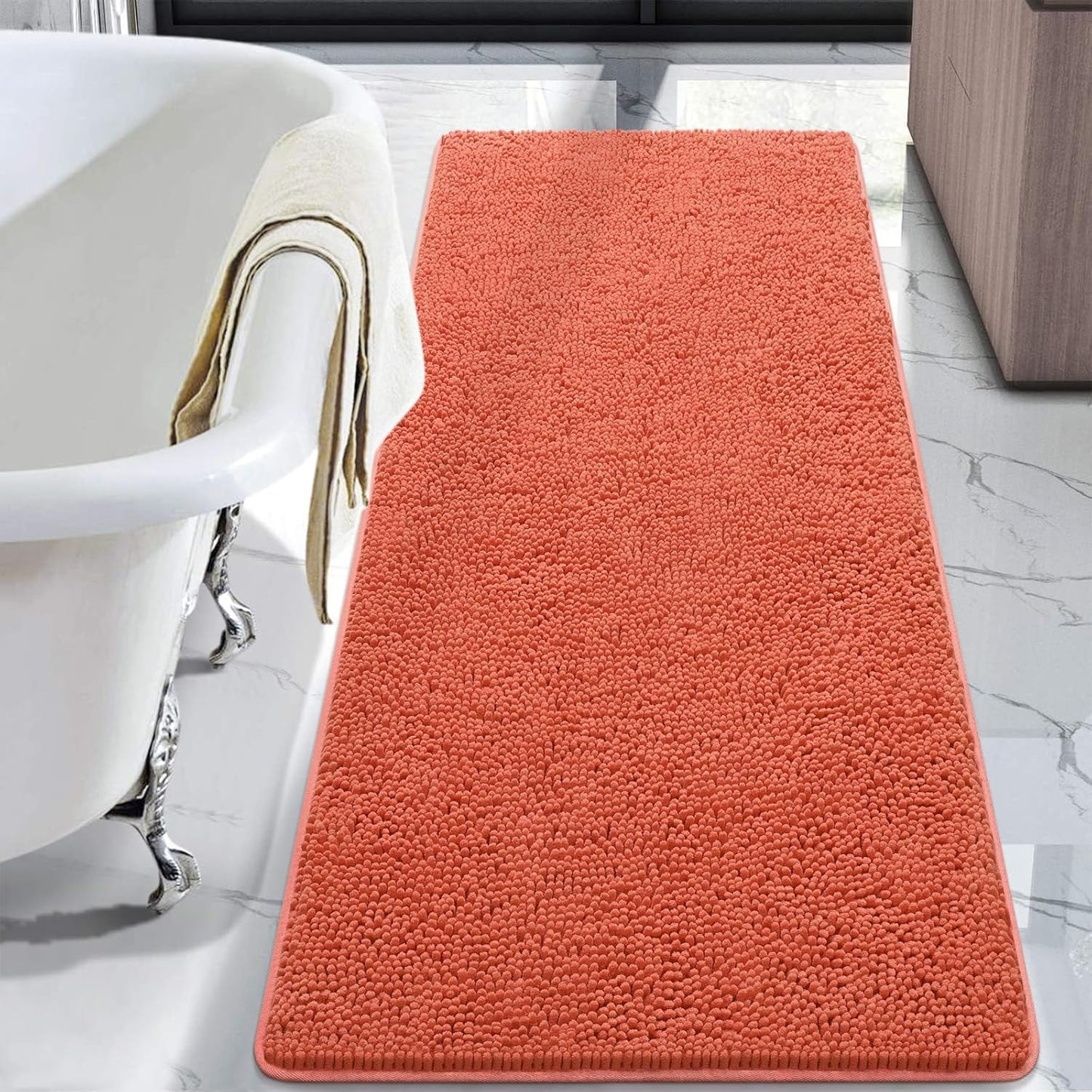 Luxury Bathroom Rug Shaggy Bath Mat 24 x 60 Inch, Washable Non Slip Bath Rugs for Bathroom Shower, Soft Plush Chenille Absorbent Carpets Mats, Black