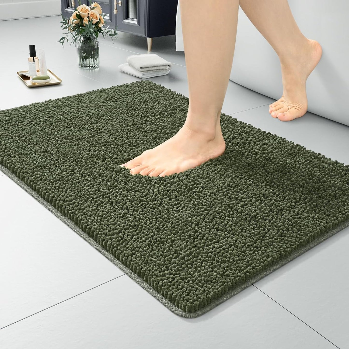 Luxury Bathroom Rug Shaggy Bath Mat 24 x 60 Inch, Washable Non Slip Bath Rugs for Bathroom Shower, Soft Plush Chenille Absorbent Carpets Mats, Black
