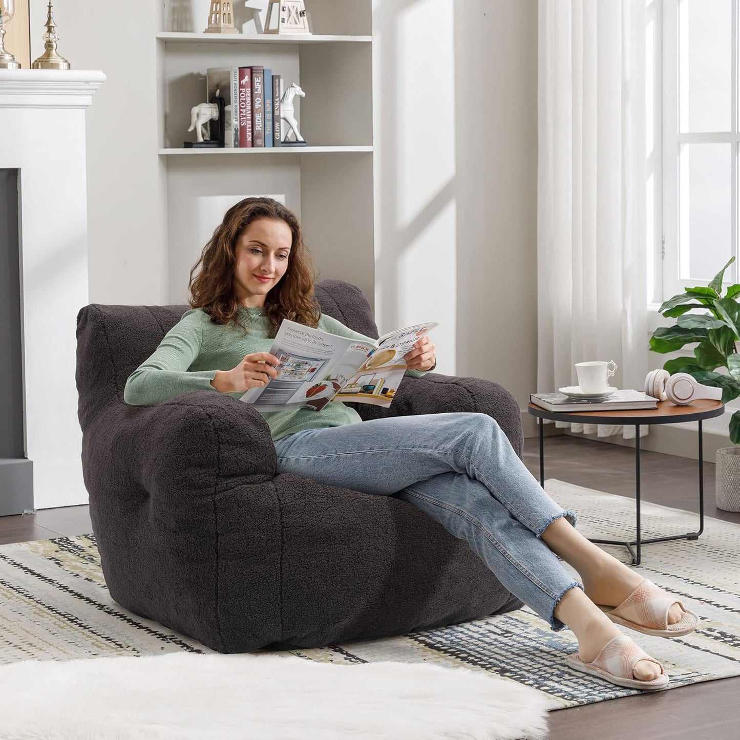 Bean Bag Chairs, Tufted Soft Stuffed Bean Bag Chair with Filler, Fluffy Lazy Sofa, Imperial Lounger Giant Bean Bag Chair for Bedroom, Living Room, Dark Black