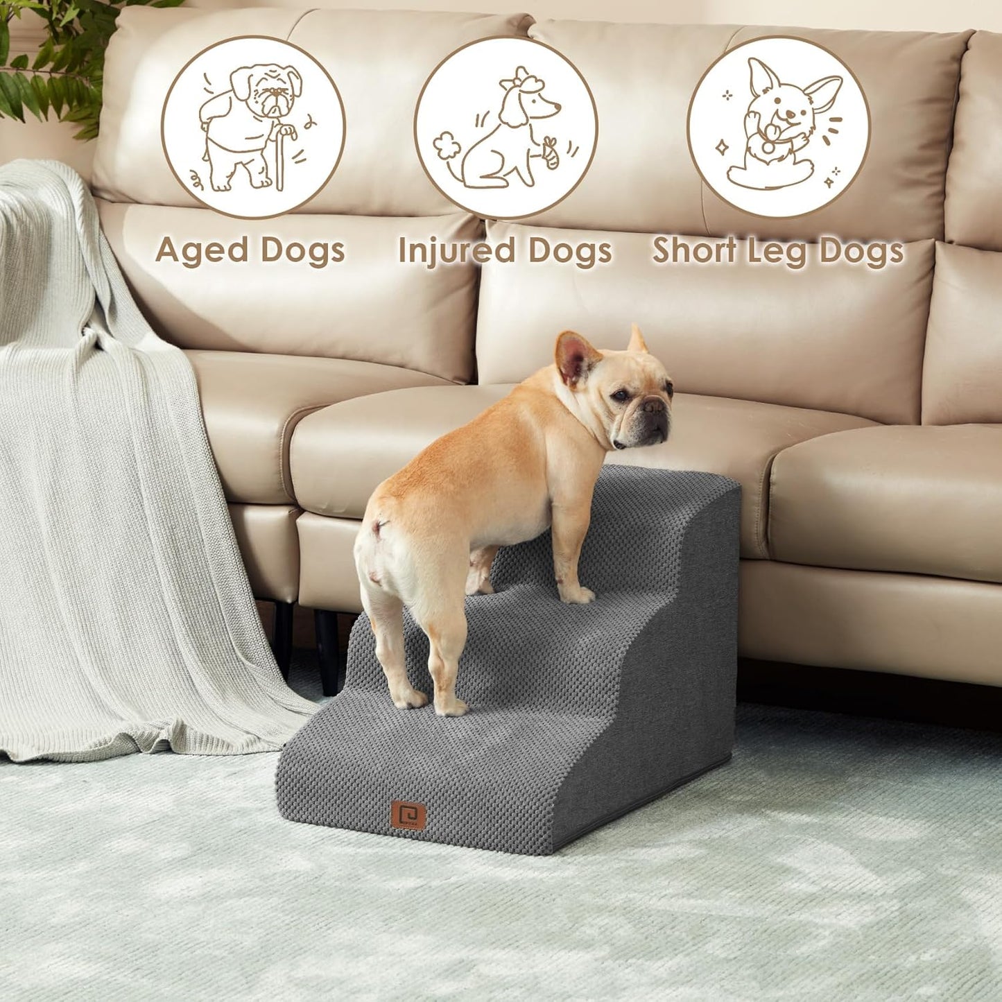Curved Dog Stairs Ramp for Small Dogs 15.7" H, 3-Step Dog Steps for Couch Sofa and Chair, Pet Stairs for Cats, Non-Slip Balanced Pet Steps Indoor, Grey