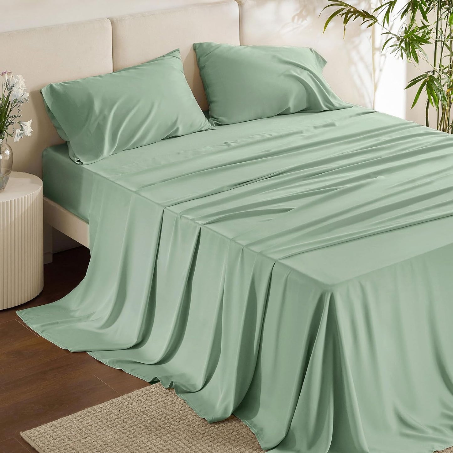 Queen Sheet Set, Cooling Sheets for Queen Size Bed Set, Rayon Derived from Bamboo, Breathable & Soft Deep Pocket Up to 16 Inches, Hotel Luxury Silky Bedding, Bedsheet & Pillowcases, Dark Grey