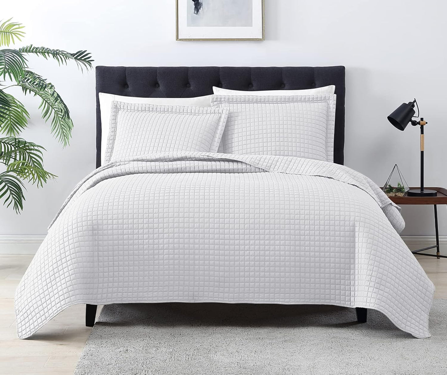 Home Quilt Set Full Queen Size Grey 3 Piece,Lightweight Soft Coverlet Squares Pattern Bedspread Set for All Season(1 Quilt,2 Pillow Shams)