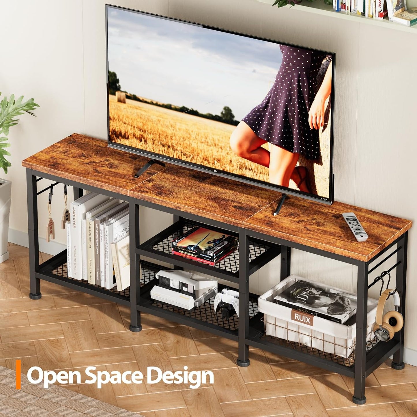 TV Stand for TVs up to 55 Inch, Entertainment Center with Open Storage Shelves, TV Media Console Table with Soundbar Shelf for Living Room, Bedroom, Rustic Brown