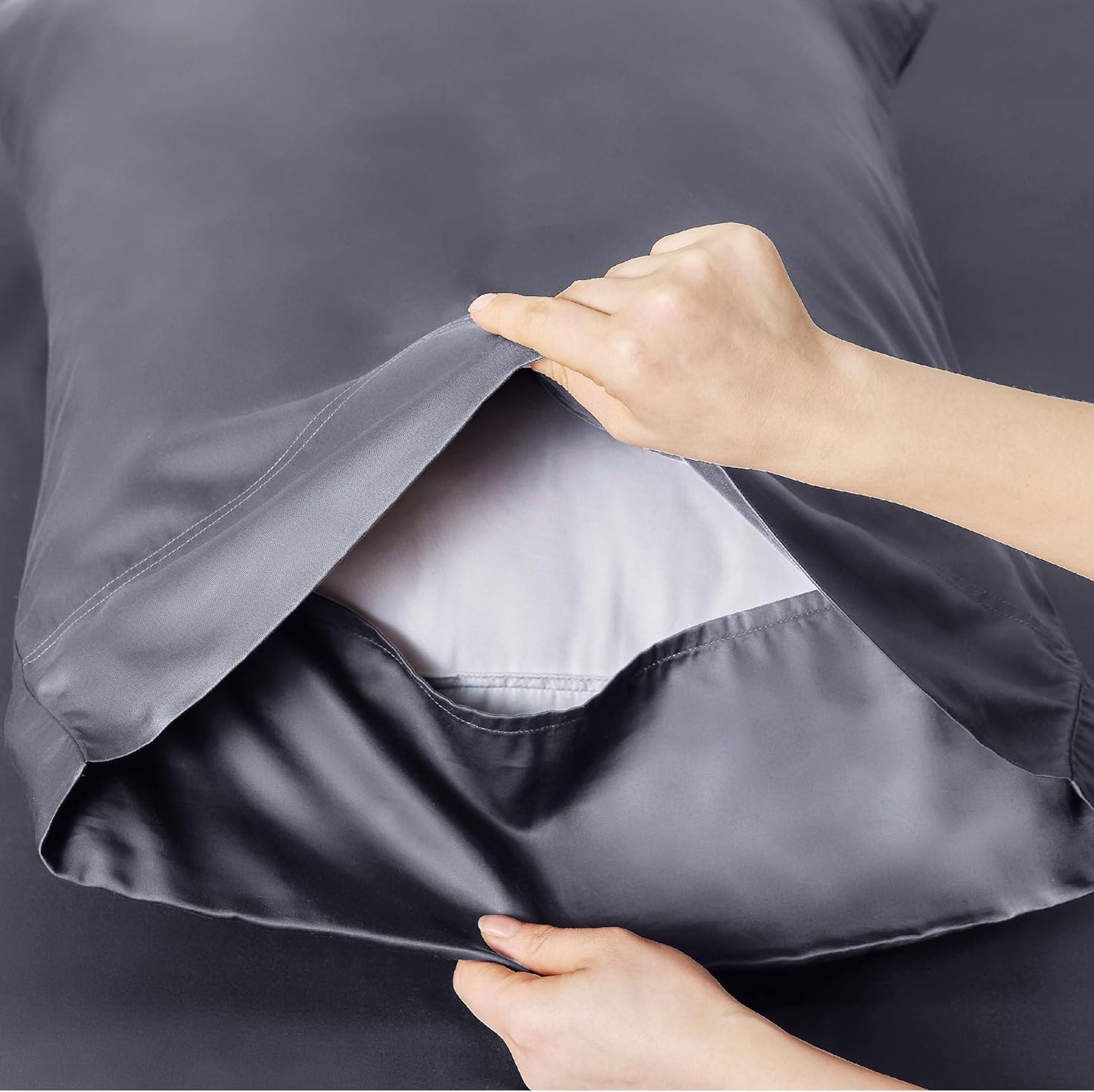 Queen Sheet Set, Cooling Sheets for Queen Size Bed Set, Rayon Derived from Bamboo, Breathable & Soft Deep Pocket Up to 16 Inches, Hotel Luxury Silky Bedding, Bedsheet & Pillowcases, Dark Grey