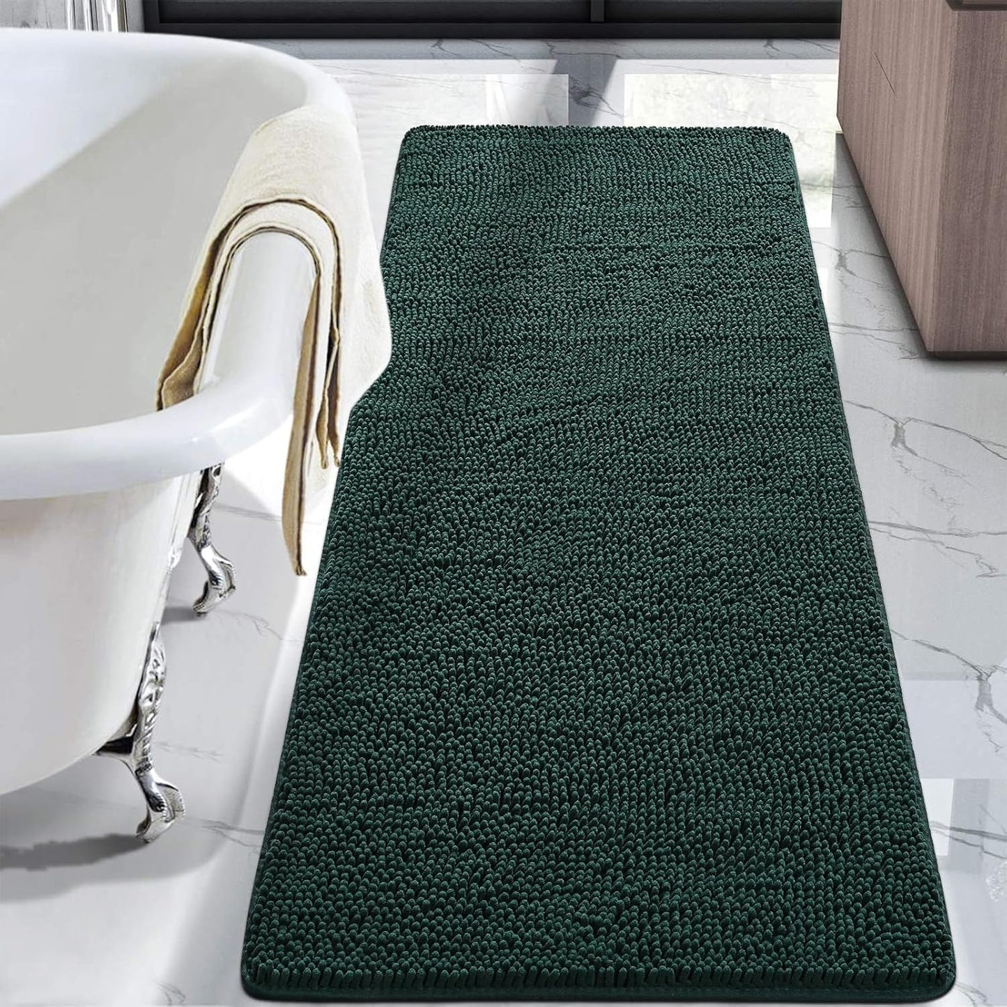 Luxury Bathroom Rug Shaggy Bath Mat 24 x 60 Inch, Washable Non Slip Bath Rugs for Bathroom Shower, Soft Plush Chenille Absorbent Carpets Mats, Black