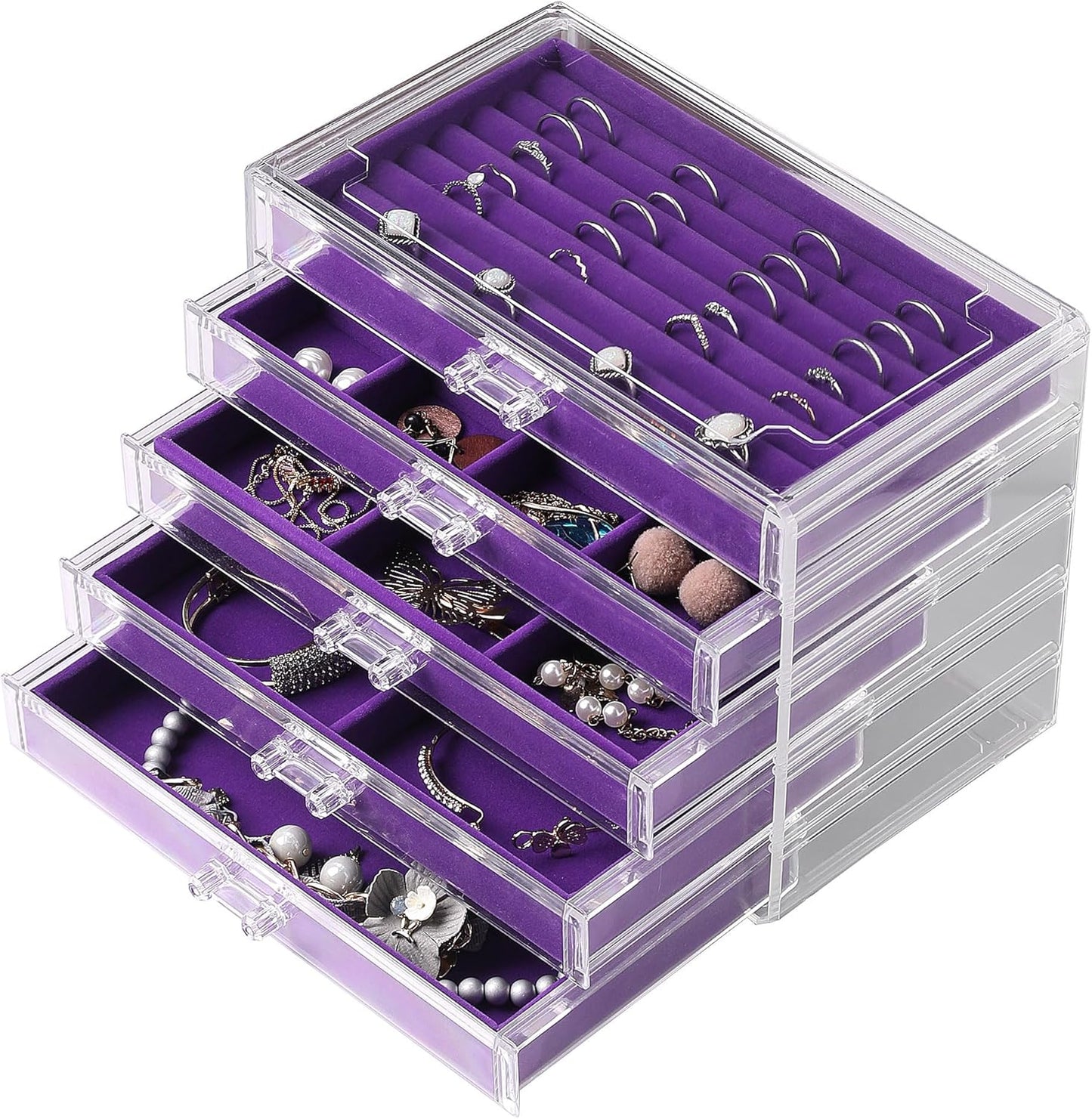 Extra Large Acrylic Jewelry Box for Women 5 Layers Clear Jewelry Organizer Velvet Earring Box with 5 Drawers Rings Display Case Necklaces Holder Tray for Women Girls (White)