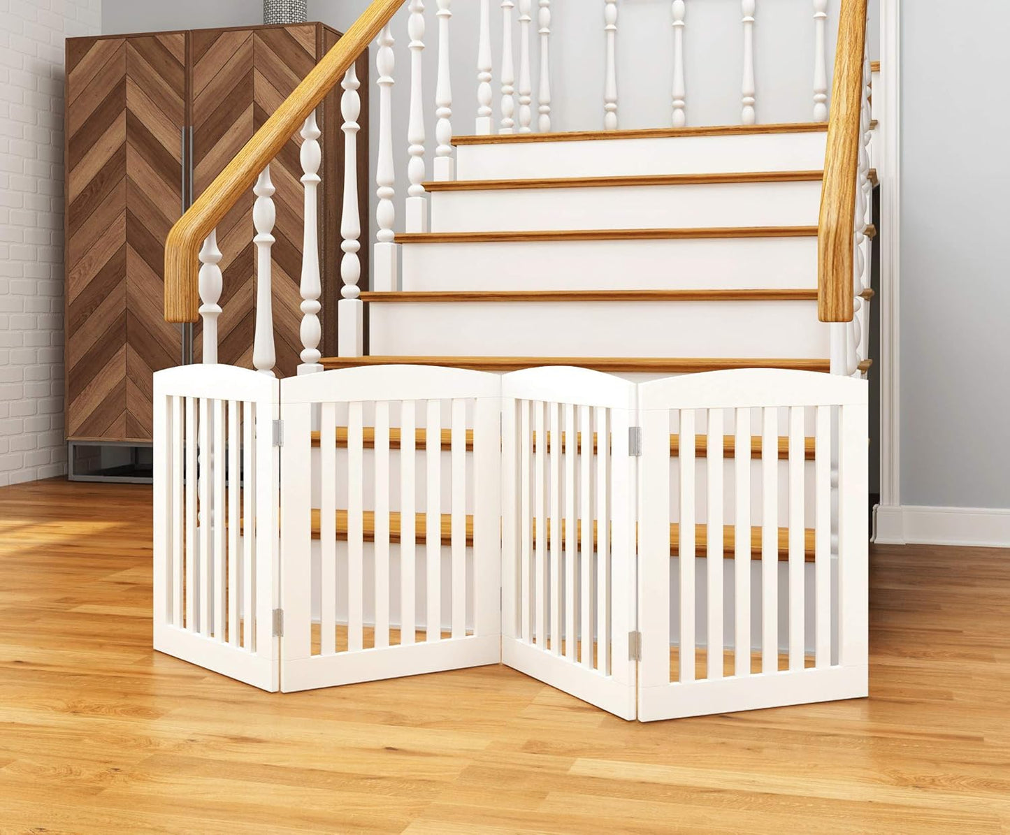 Wooden Freestanding Foldable Pet Gate for Dogs, 24 inch 4 Panels Step Over Fence, Dog Gate for The House, Doorway, Stairs, Extra Wide (White, 24" Height-4 Panels)