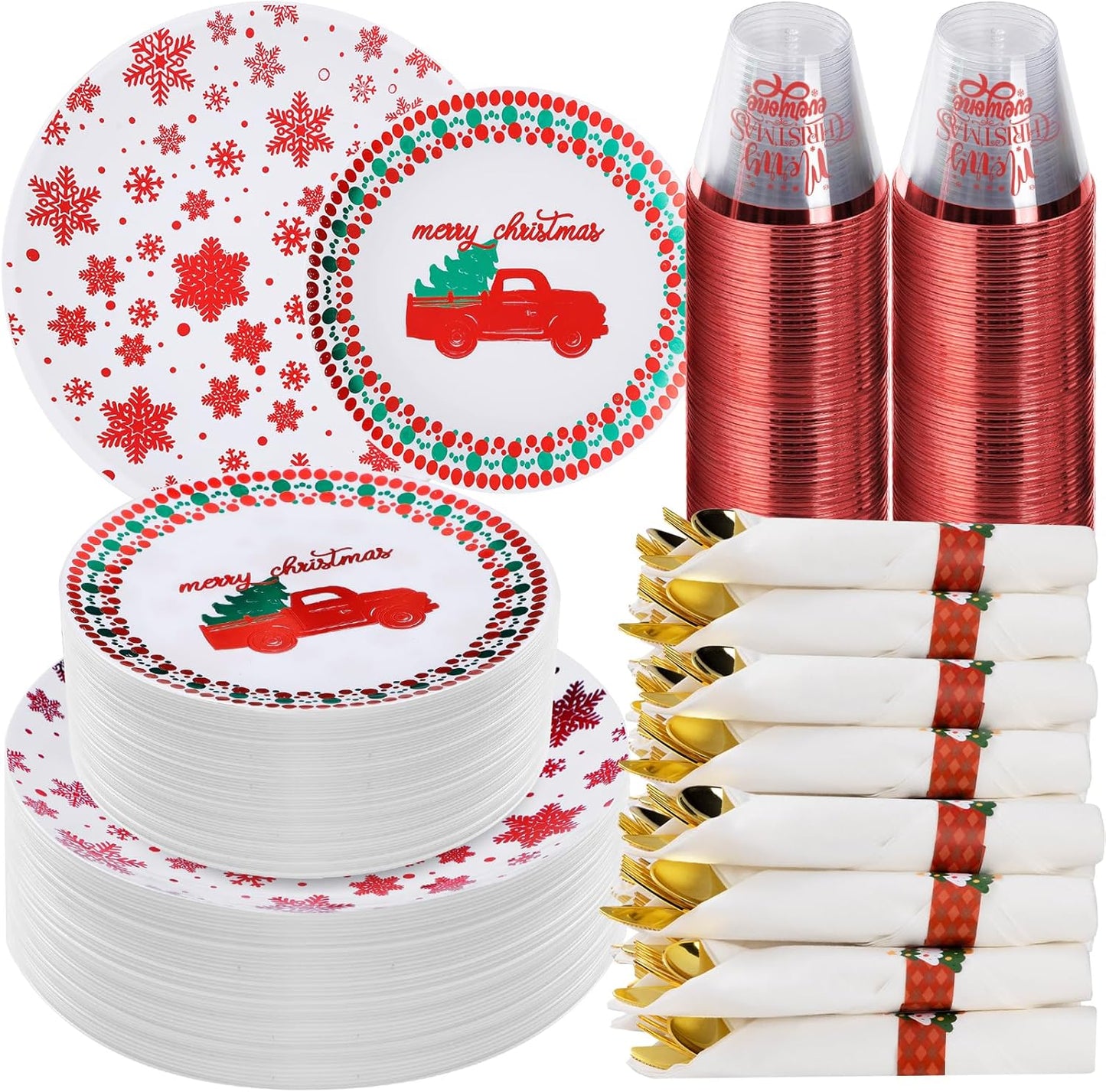 350 Piece Silver Plastic Dinnerware Set for 50 Guests, Fancy Disposable Plates for Party, Include: 50 Dinner Plates, 50 Dessert Plates, 50 Pre Rolled Napkins with Silver Silverware, 50 Cups