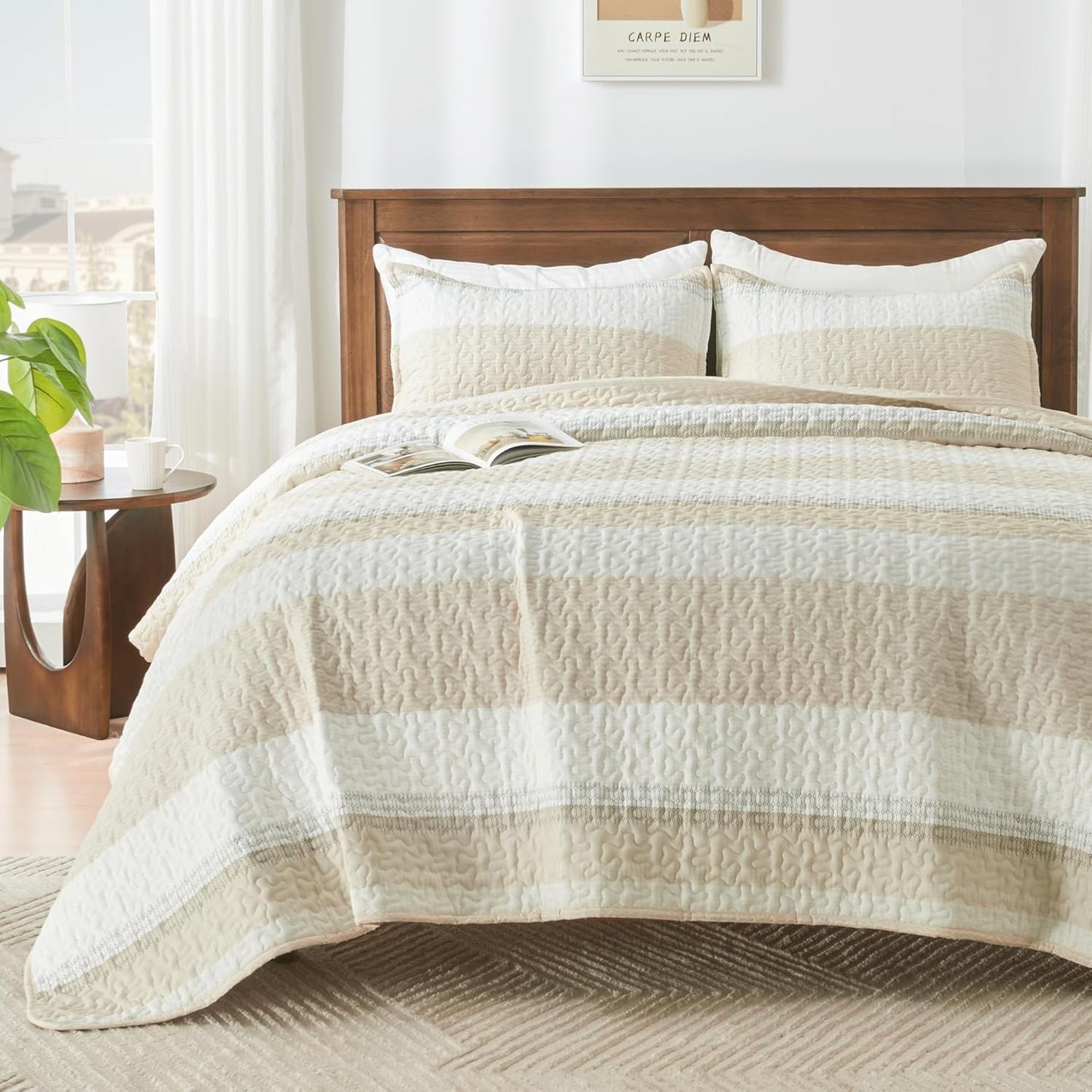 King Size Quilt Set Mineral Blue, 3 Pieces Summer Ultra Soft Lightweight Bedspreads & Coverlets Set, Patchwork Striped Quilted Bedding Sets for All Seasons (1 Quilt, 2 Pillow Shams)