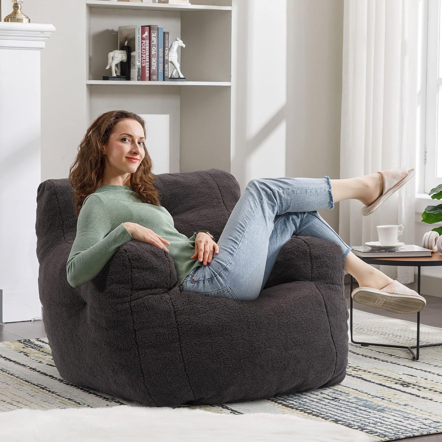 Bean Bag Chairs, Tufted Soft Stuffed Bean Bag Chair with Filler, Fluffy Lazy Sofa, Imperial Lounger Giant Bean Bag Chair for Bedroom, Living Room, Dark Black