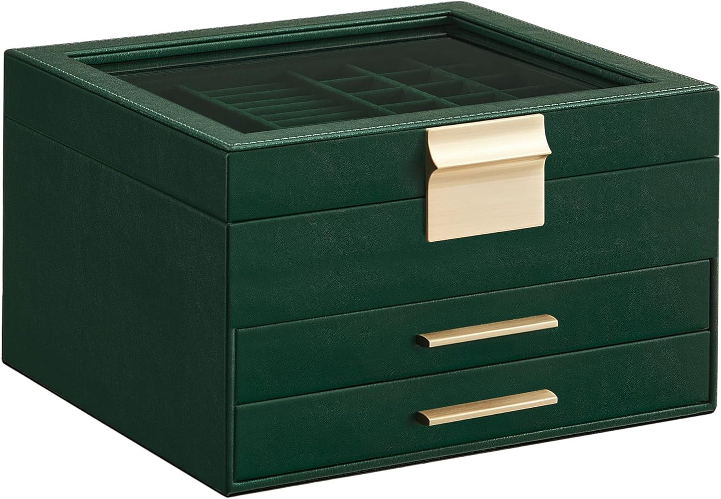 Jewelry Box with Glass Lid, 4-Layer Jewelry Organizer, 3 Drawers, for Big and Small Jewelry, Jewelry Storage, Modern Style, 8 x 9.1 x 6.5 Inches, Avocado Green and Gold Color UJBC173C02