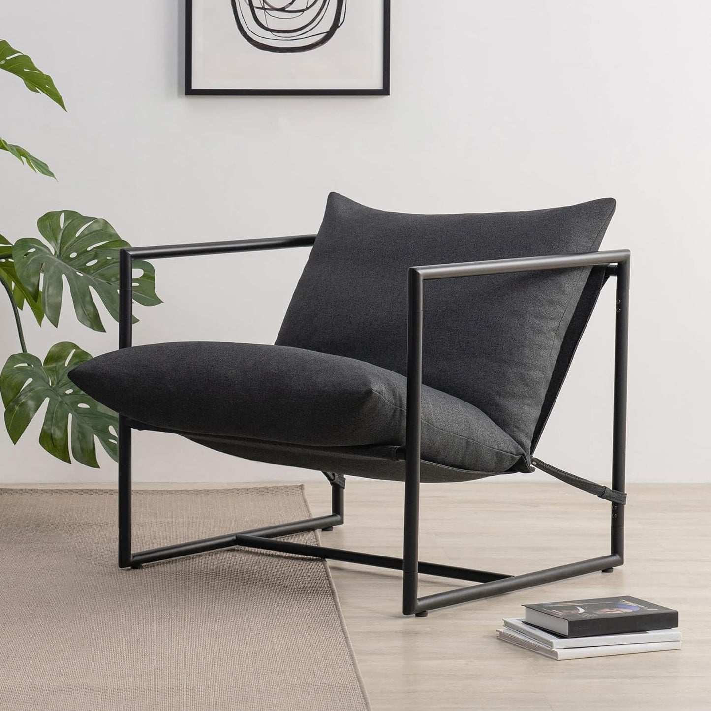 Aidan Sling Accent Chair, Metal Framed Armchair with Shredded Foam Cushioning, Oatmeal