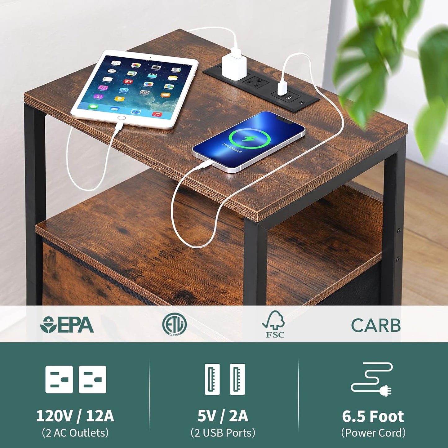 Nightstand with Charging Station, Small Night Stand with Fabric Drawers and Storage Shelf for Bedrooms, Small Spaces, Bedside Table with USB Ports & Outlets