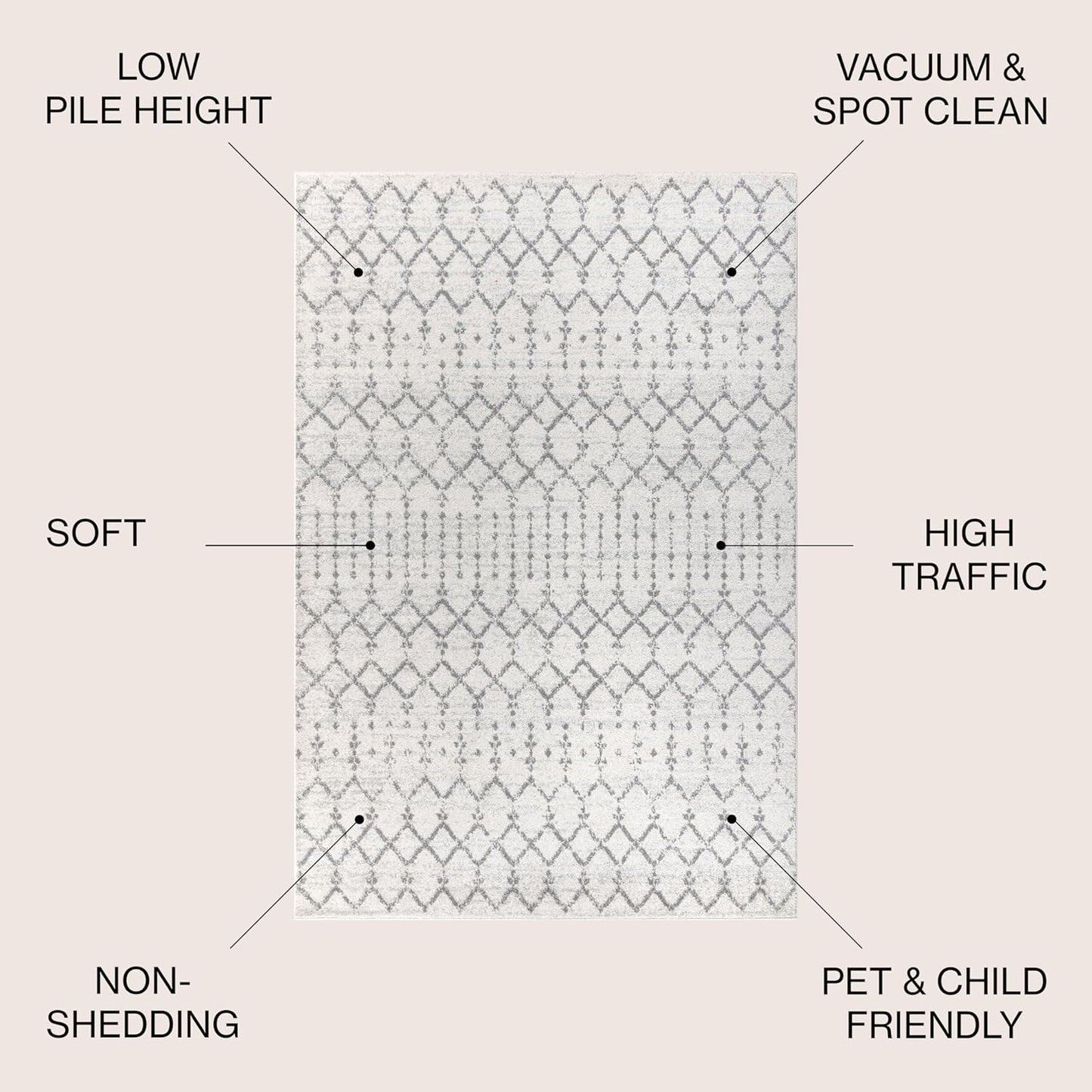 MOH101B-8 Moroccan Hype Boho Vintage Diamond 8 ft. x 10 ft. Area-Rug, Bohemian, Southwestern, Casual, Transitional, Pet Friendly, Non Shedding, Stain Resistant, Easy-Cleaning, Cream/Gray