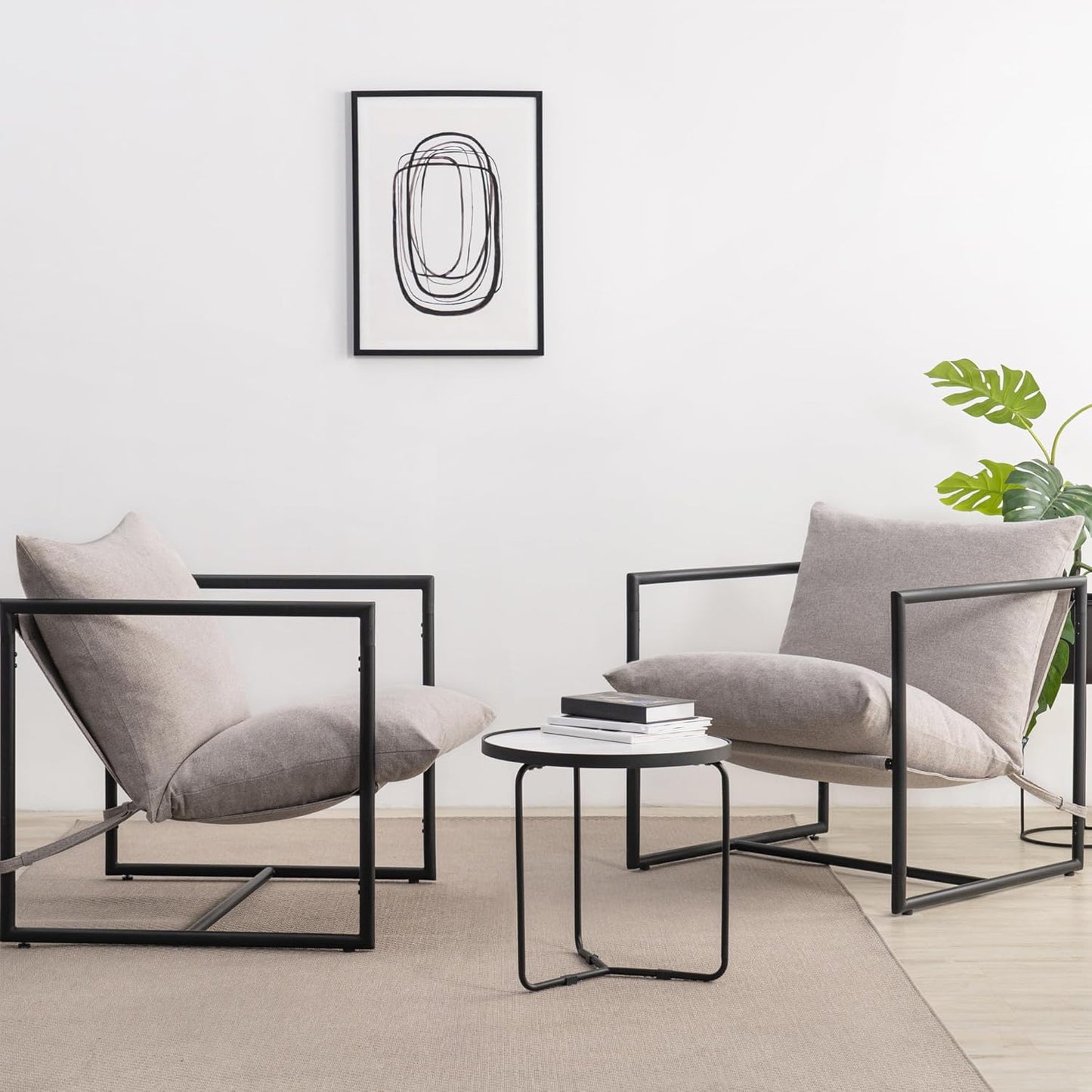 Aidan Sling Accent Chair, Metal Framed Armchair with Shredded Foam Cushioning, Oatmeal