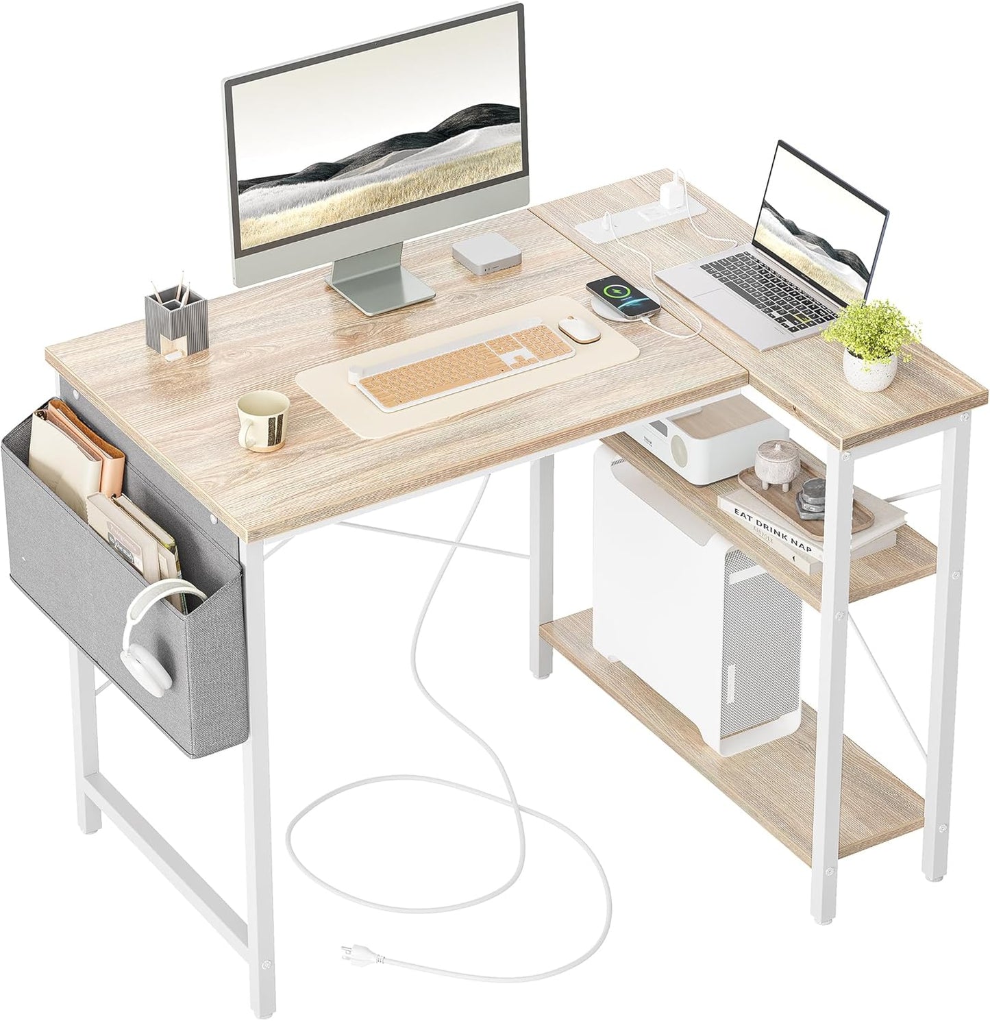 Small Computer Desk with Power Outlets, 40 Inch L Shaped Desk with Reversible Shelves, Gaming Desk Corner Desk Study Writing Table for Home Office Bedroom Living Room, Black