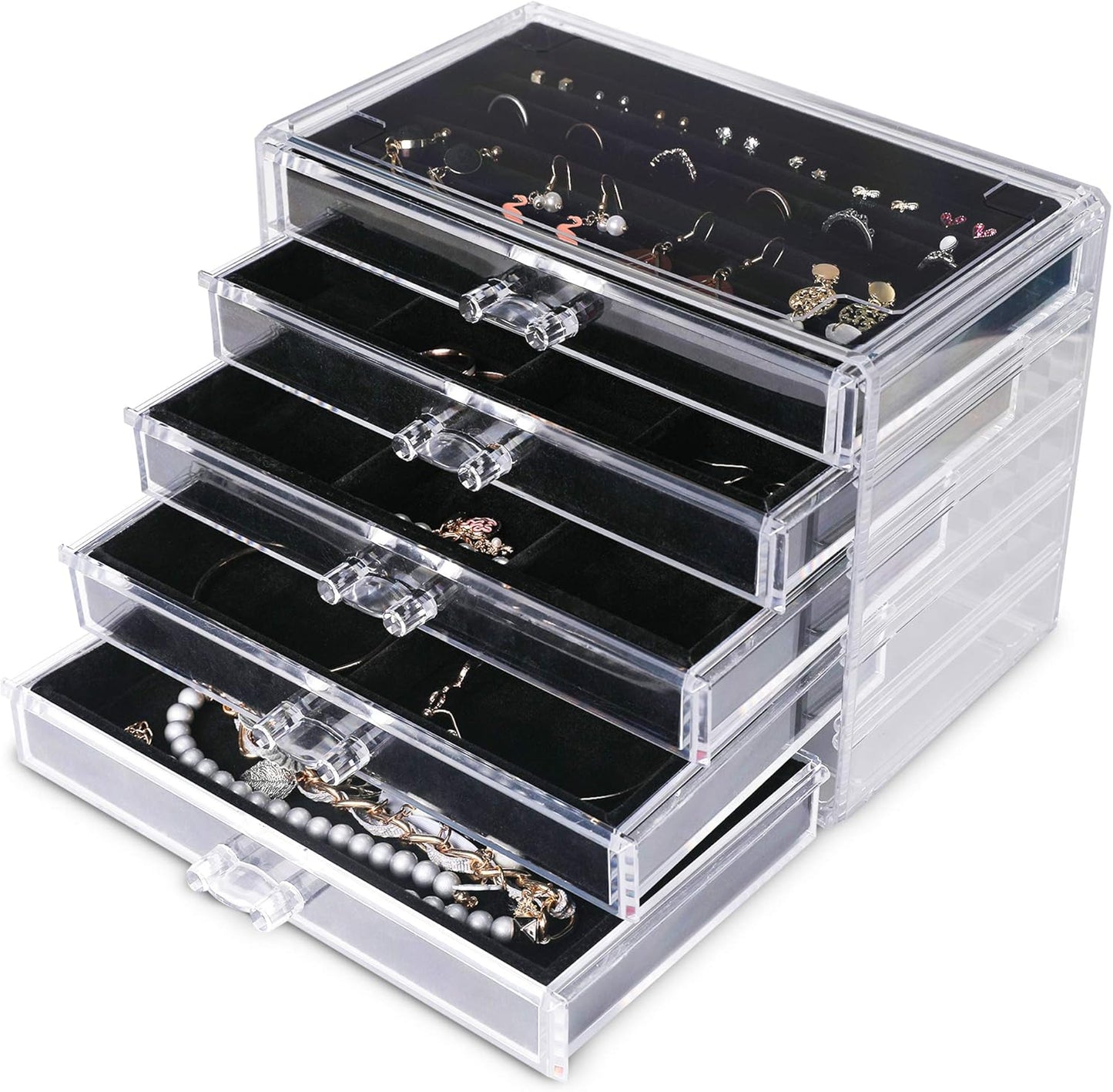 Extra Large Acrylic Jewelry Box for Women 5 Layers Clear Jewelry Organizer Velvet Earring Box with 5 Drawers Rings Display Case Necklaces Holder Tray for Women Girls (White)