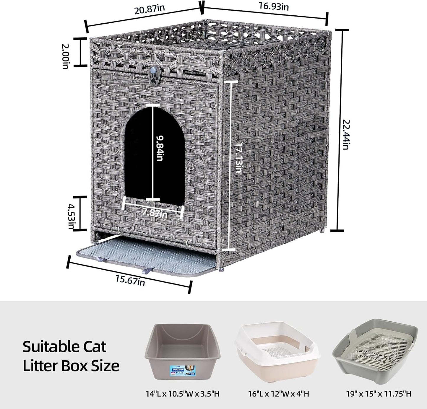 Cat Litter Box Enclosure Furniture Hidden with Cat Litter Mat, Hidden Cat Washroom Furniture with Door, Handwoven Rattan Cat Washroom Box, Indoor Pet House for Living Room, Bedroom(Grey)