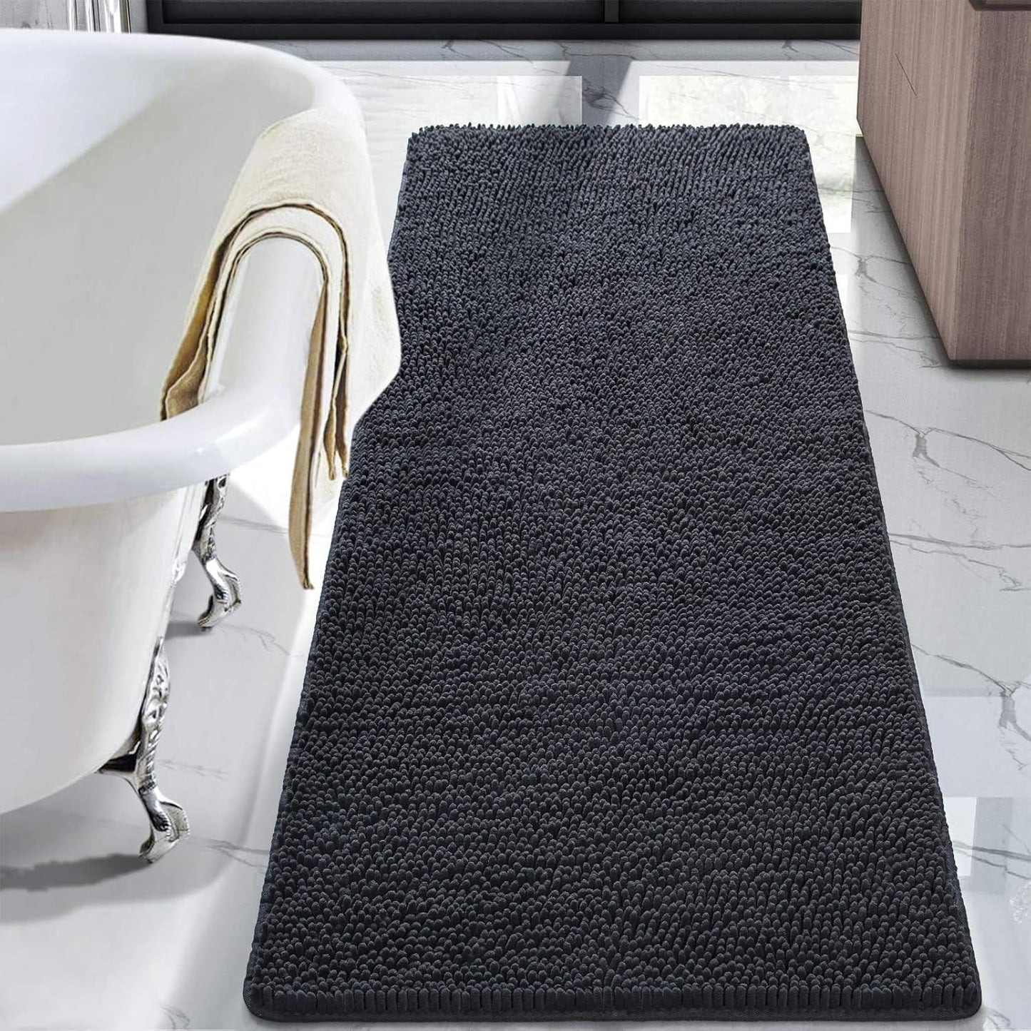 Luxury Bathroom Rug Shaggy Bath Mat 24 x 60 Inch, Washable Non Slip Bath Rugs for Bathroom Shower, Soft Plush Chenille Absorbent Carpets Mats, Black