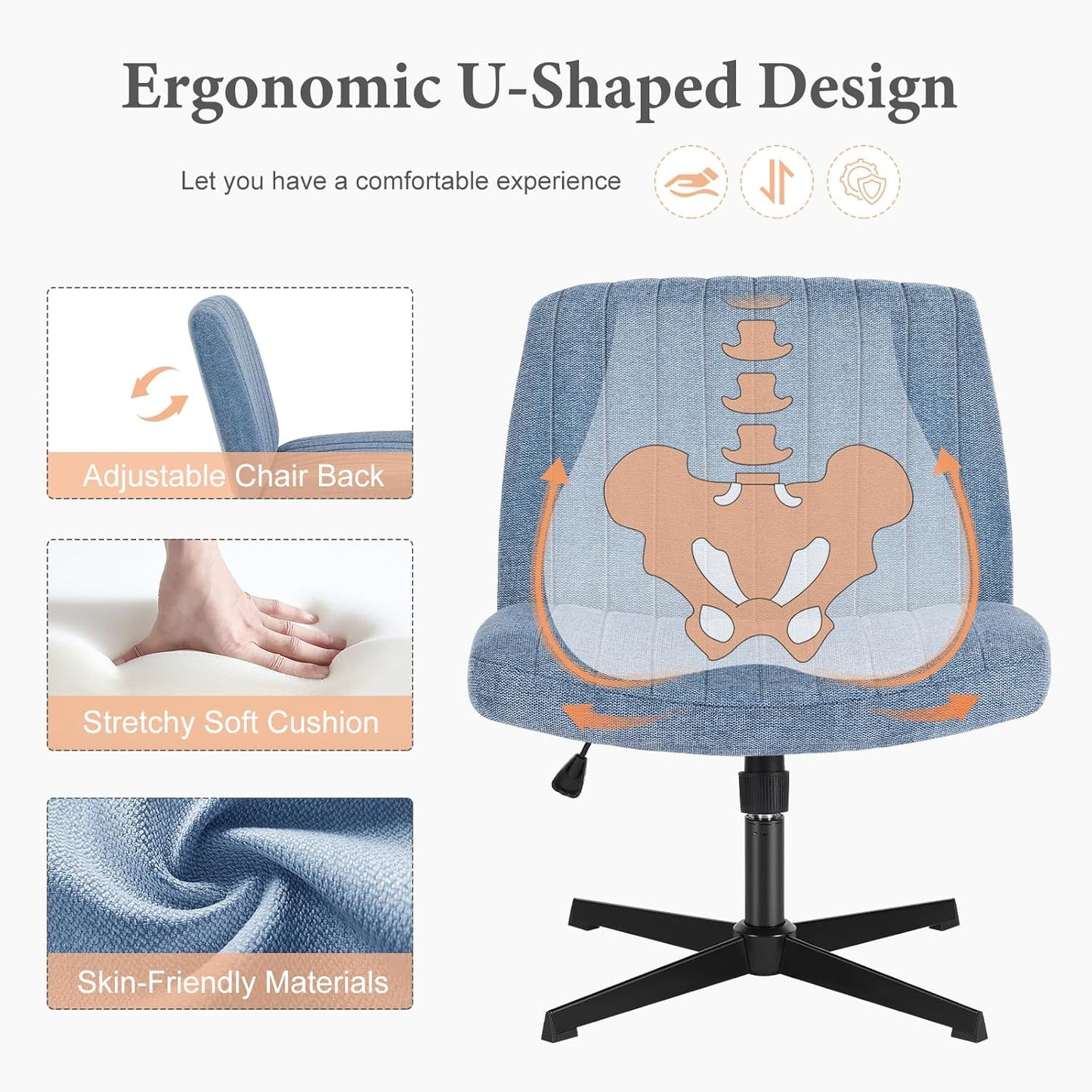 Criss Cross Chair Legged, Armless Office Desk Chair No Wheels, Swivel Vanity Chair, Height Adjustable Wide Seat Computer Task Chair, Fabric Vanity Modern Home Chair Blue