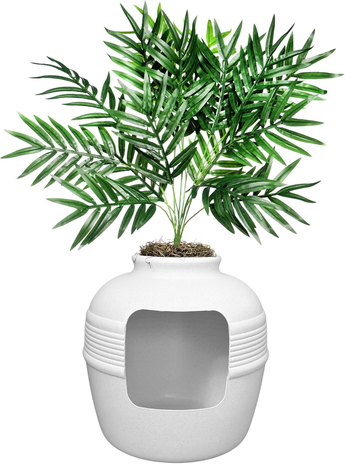 Hidden Litter Box Base Kit, Round Enclosed Cat Planter Furniture with Fake Plant, Hooded Vented Carbon Filter System for Odor Control, Easy to Clean, Made in USA, White Birch