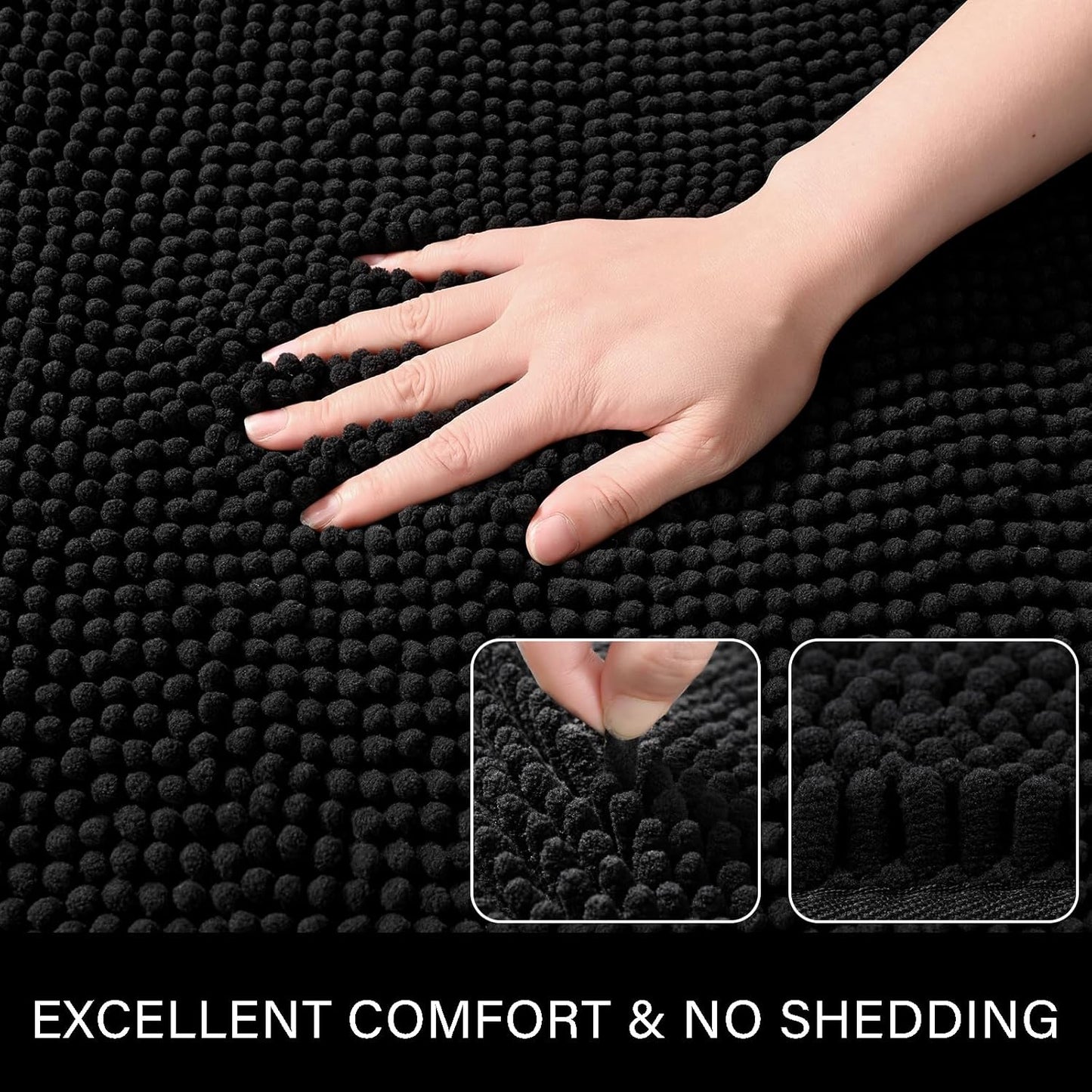 Luxury Bathroom Rug Shaggy Bath Mat 24 x 60 Inch, Washable Non Slip Bath Rugs for Bathroom Shower, Soft Plush Chenille Absorbent Carpets Mats, Black