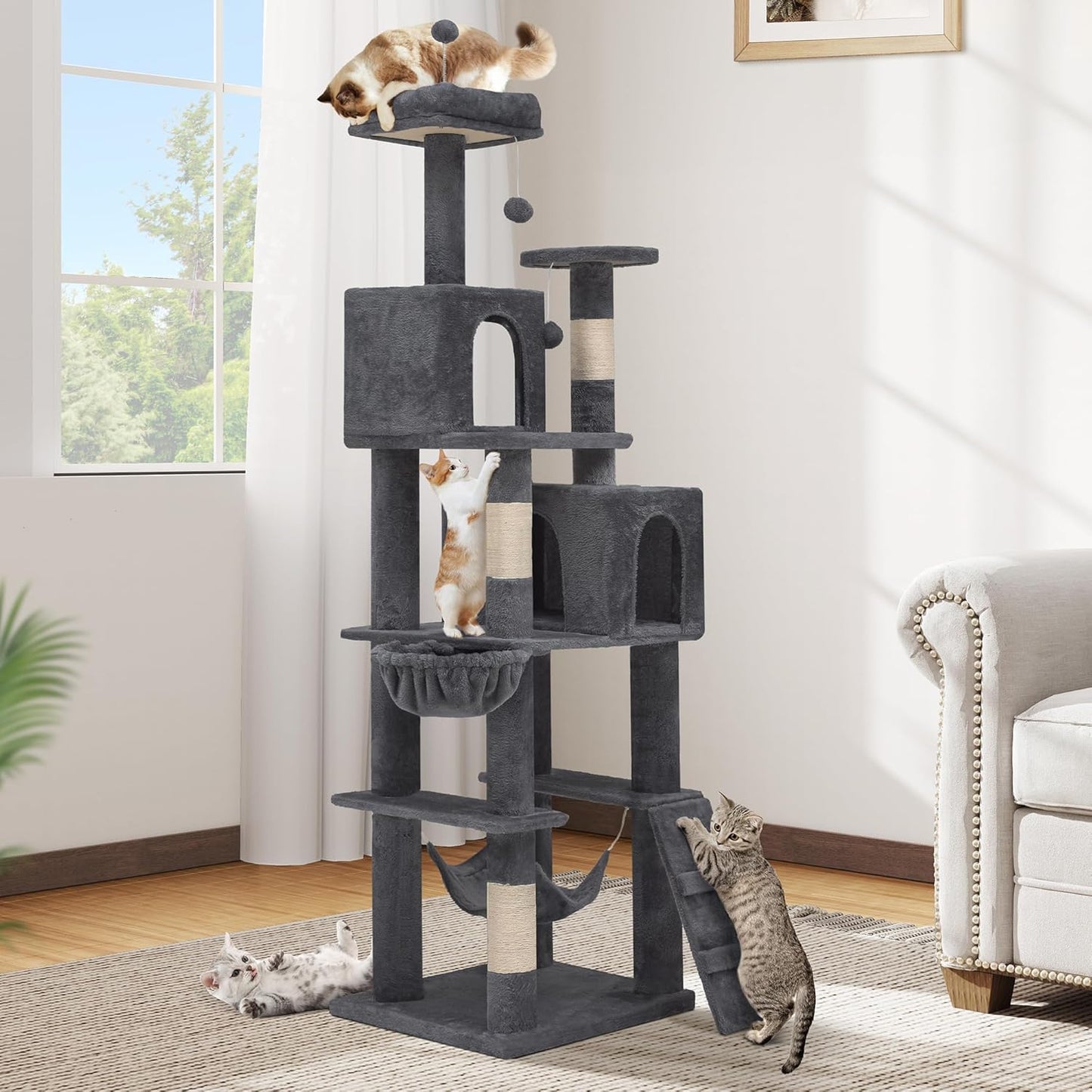 75-inch Indoor Cat Tree Tower, Multi-Level Pet Playground, Cat Furniture with Scratch Posts, Hideaway Condos, Soft Perch, Snug Hammock, Climbing Ladder, and Plush Balls for Kittens (Dark Gray)