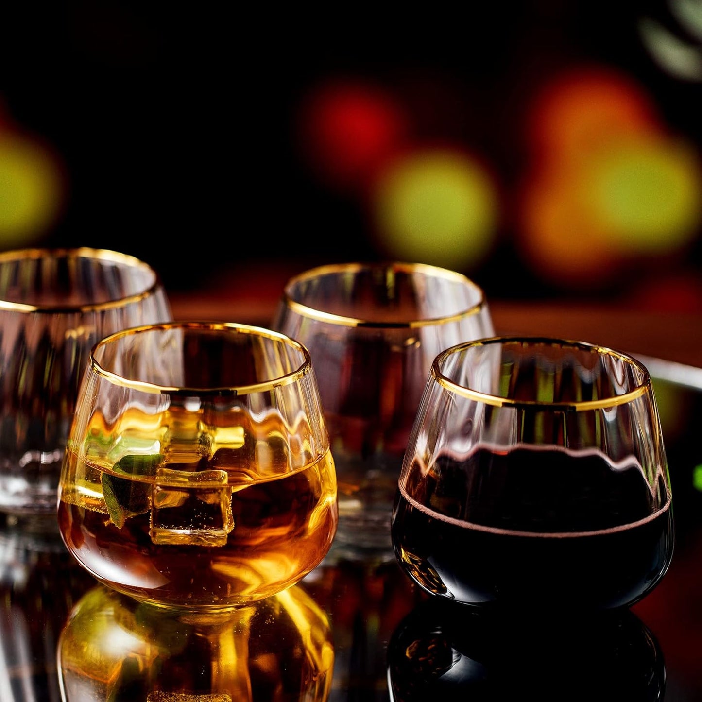 Stemless Wine Glasses Set of 4 - Premium Hand Blown Drinking Glasses for White and Red Wine - Elegant Wide Vertical Stripe and Gold Rim Design - Clear 11.8oz