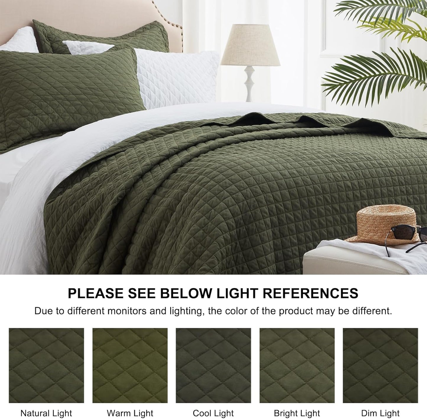 Quilt Set King Olive Green Lightweight Bedspread Soft Reversible Coverlet for All Season 3pcs Army Green Diamond Quilted Bedding Sets (1 Quilt 2 Pillow Shams)(106"x96")