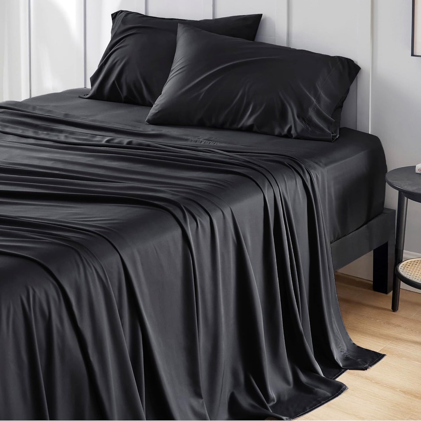 Queen Sheet Set, Cooling Sheets for Queen Size Bed Set, Rayon Derived from Bamboo, Breathable & Soft Deep Pocket Up to 16 Inches, Hotel Luxury Silky Bedding, Bedsheet & Pillowcases, Dark Grey