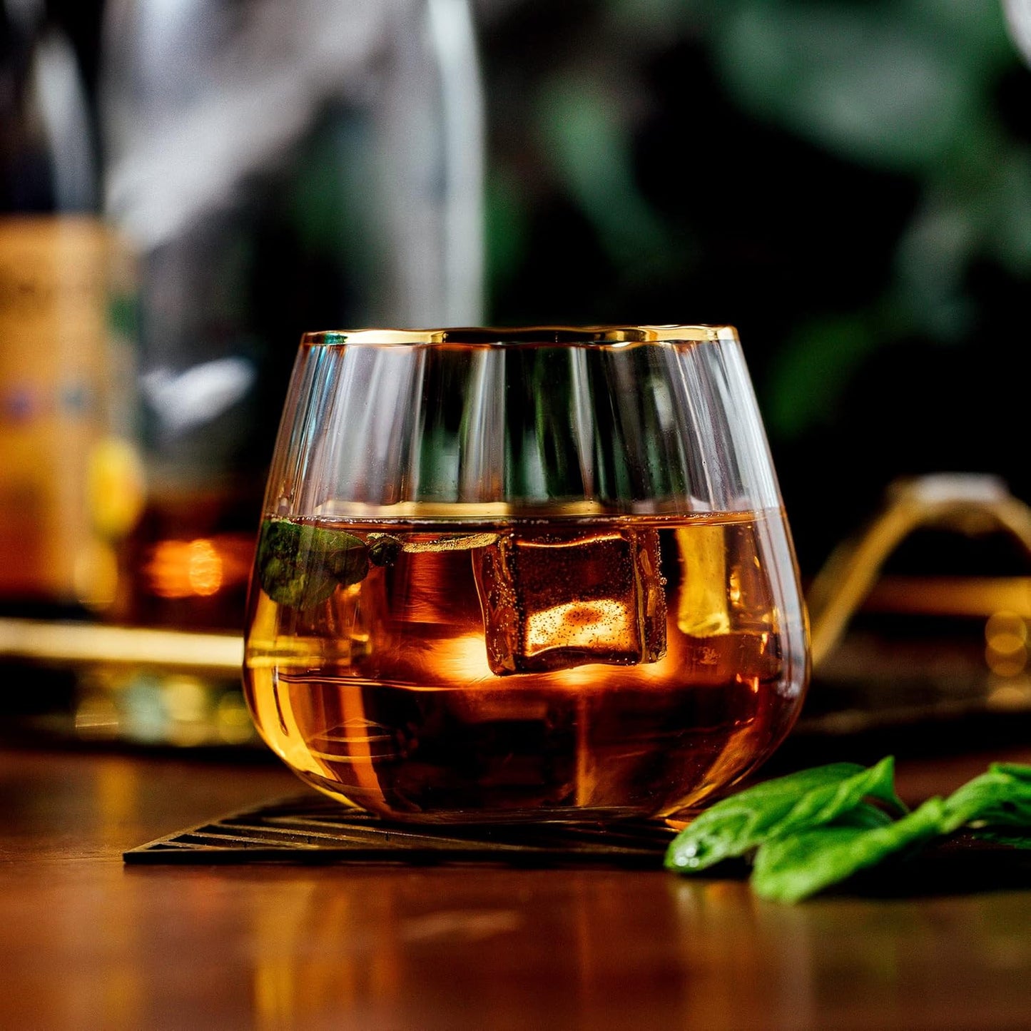 Stemless Wine Glasses Set of 4 - Premium Hand Blown Drinking Glasses for White and Red Wine - Elegant Wide Vertical Stripe and Gold Rim Design - Clear 11.8oz