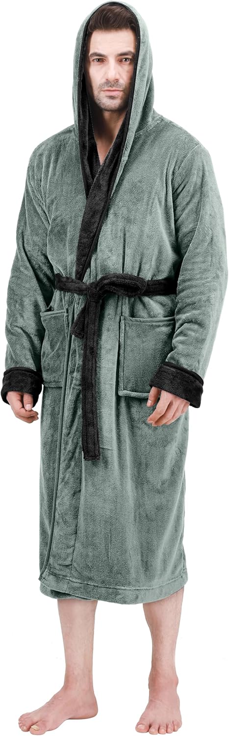 Men's Hooded Fleece Bathrobe Plush Long Spa Robe