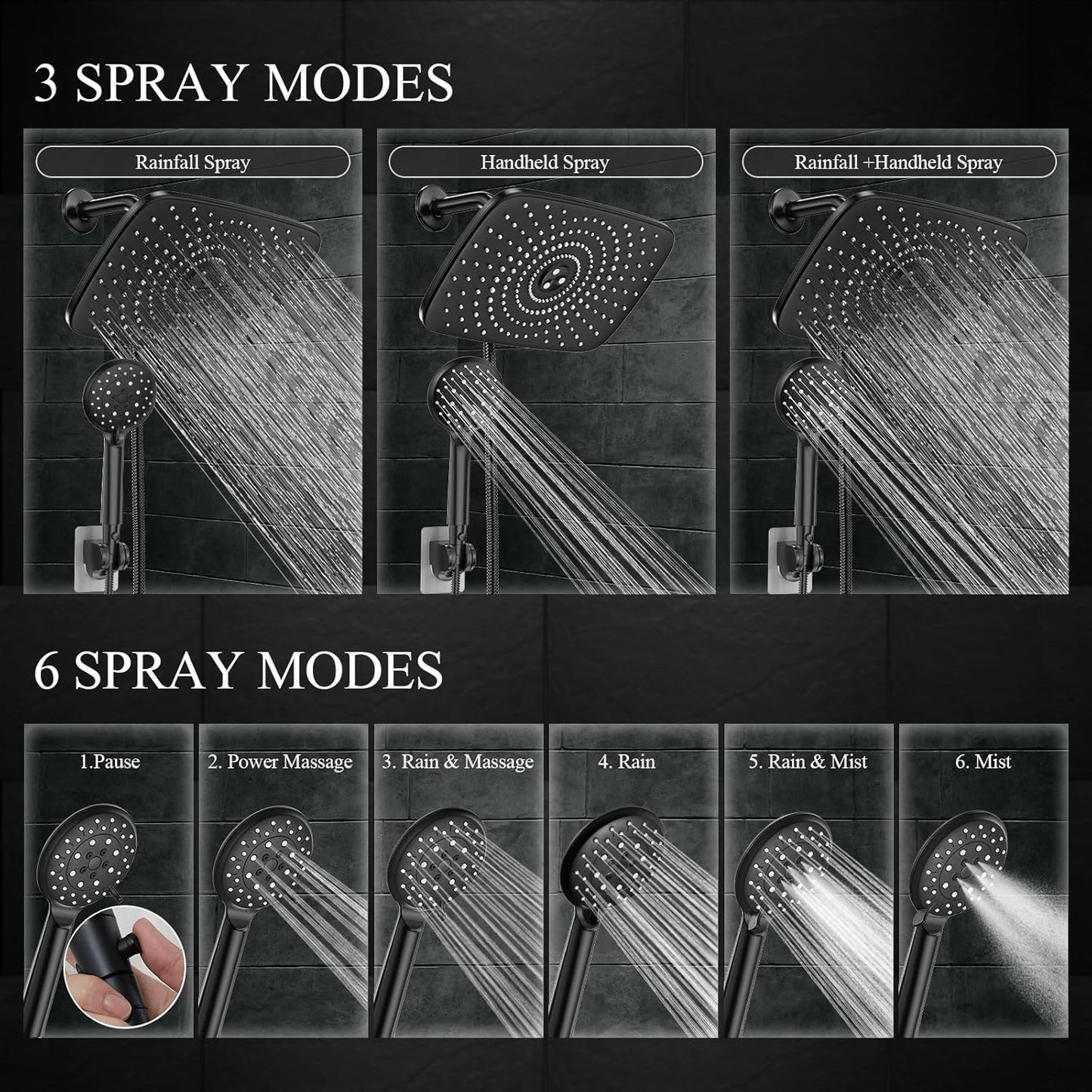 11.8 Inch High Pressure Rain Shower Head -Shower Heads with 5 Modes Handheld Spray Combo- Wide RainFall shower with 70" Hose - Adjustable Dual Showerhead with Anti-Clog Nozzles- Matte Black