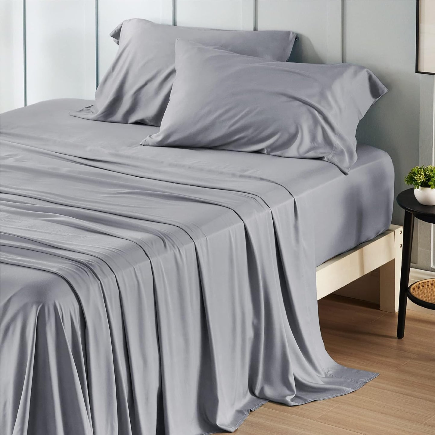 Queen Sheet Set, Cooling Sheets for Queen Size Bed Set, Rayon Derived from Bamboo, Breathable & Soft Deep Pocket Up to 16 Inches, Hotel Luxury Silky Bedding, Bedsheet & Pillowcases, Dark Grey