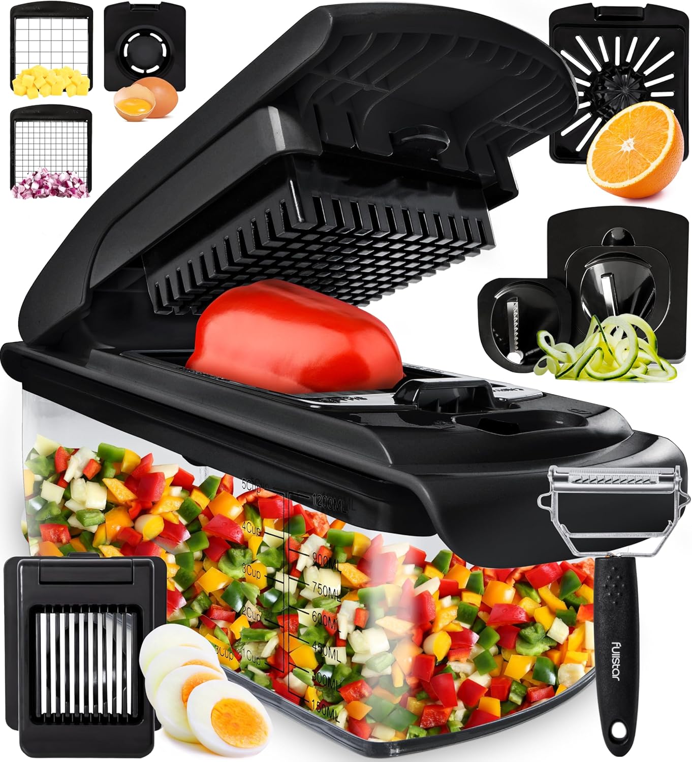 Vegetable Chopper - Food Chopper - Onion Chopper - Vegetable Slicer & Spiralizer - Veggie Chopper with Container - Kitchen Gadgets - Home Essentials - Kitchen Accessories (9 in 1, White)